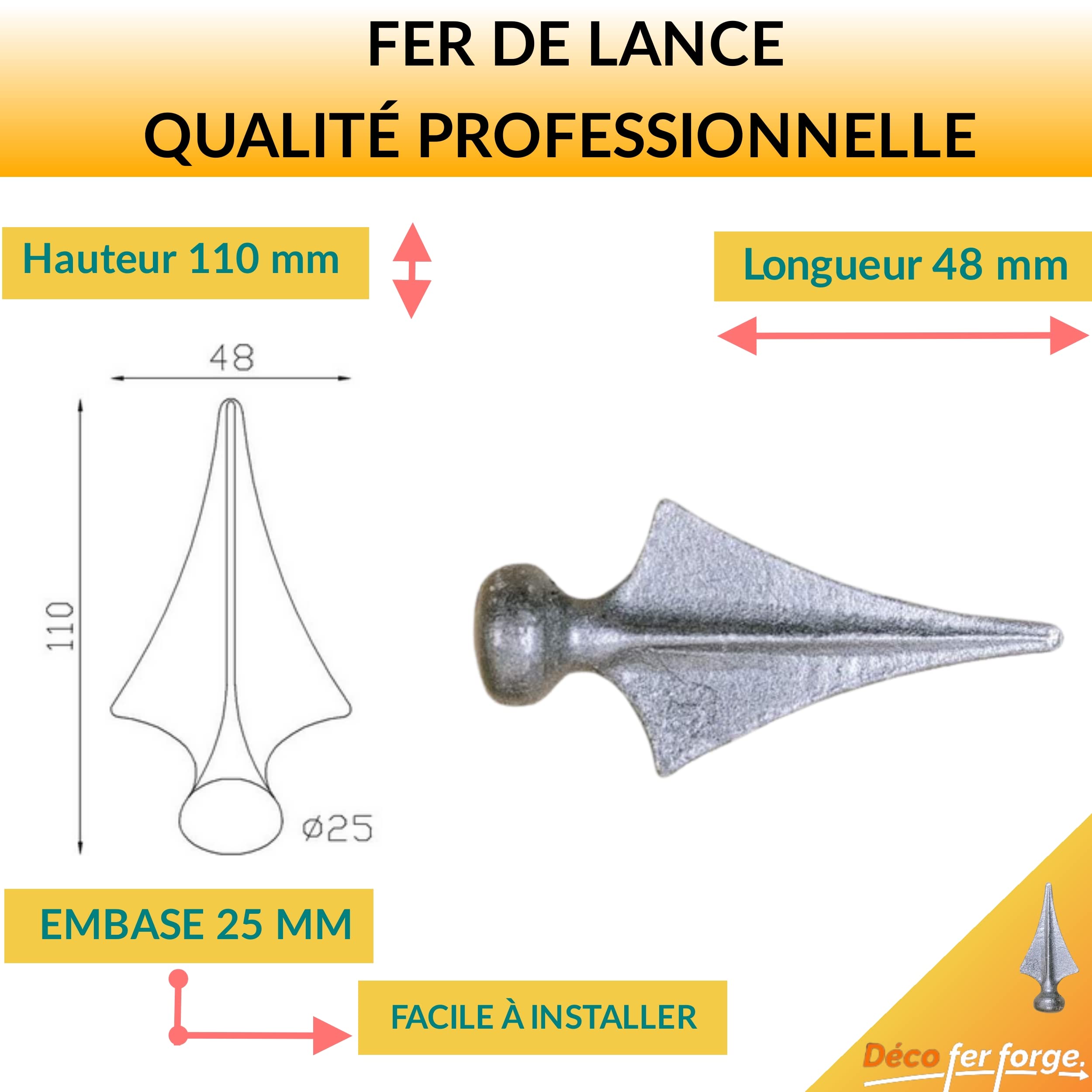 Pointe Forgée à La Main En Acier Carbone – Forme Cœur, Fer De Lance, Finition Noire