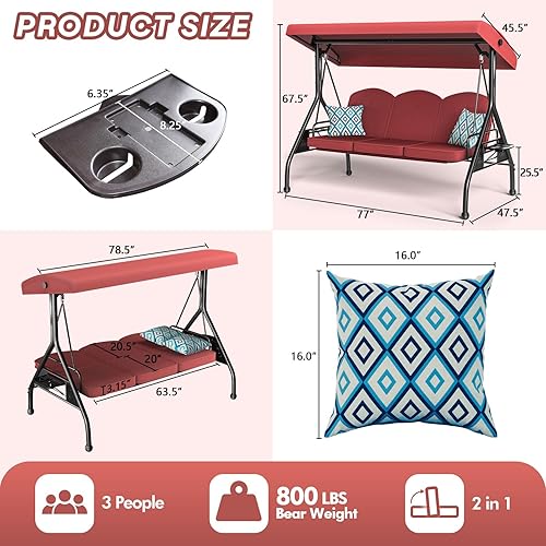 Miniatura 7 de Columpio de patio para porche al aire libre de 3 asientos con soporte, cama convertible 2 en 1 de 800 libras con toldo ajustable y cojín extraíble