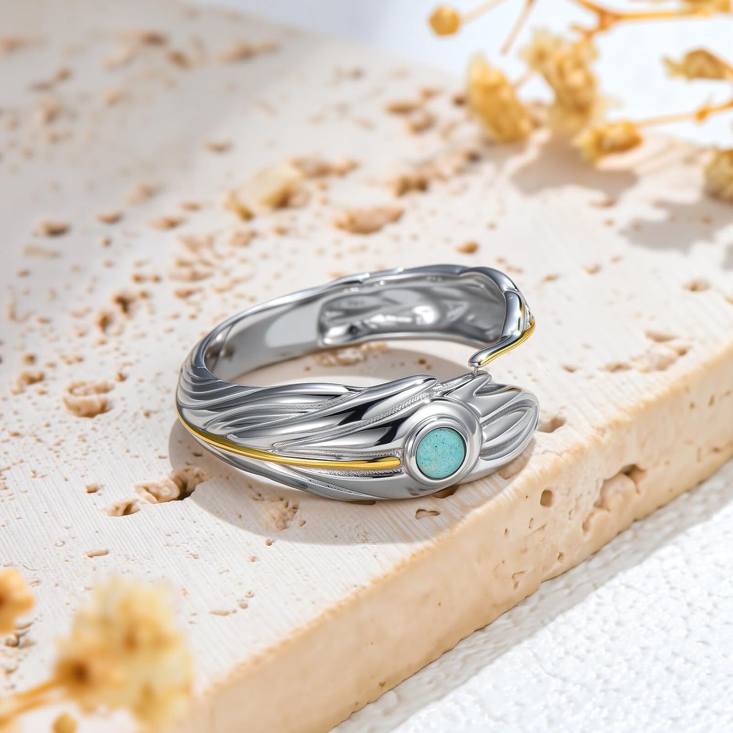 PEIMKO 925 Sterling Silver Turquoise Exquisite Oxidized Spoon Ring Boho Style Adjustable Rings Jewelry Gifts for Women Mother