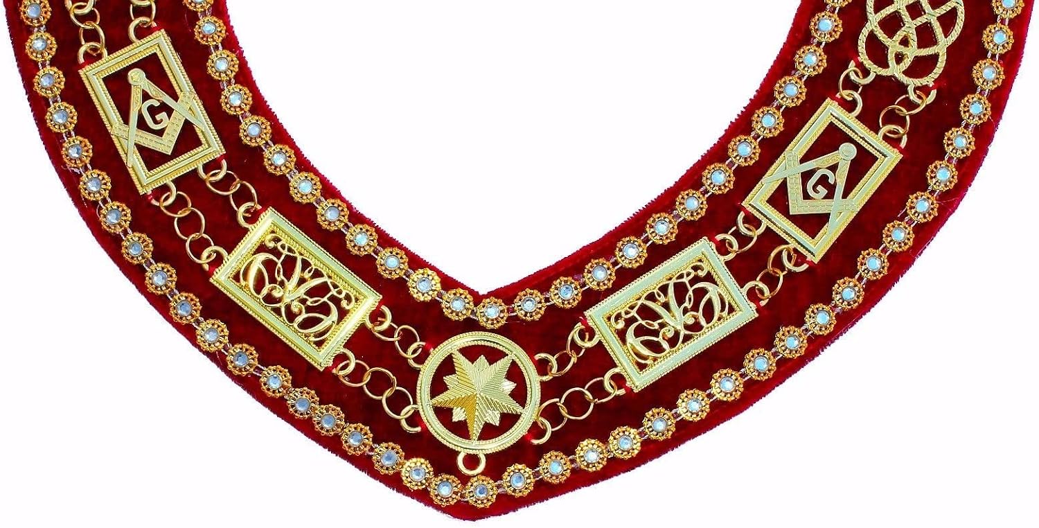 Bricks Masons Grand Lodge - Rhinestones Chain Collar - Gold/Silver On Red Velvet