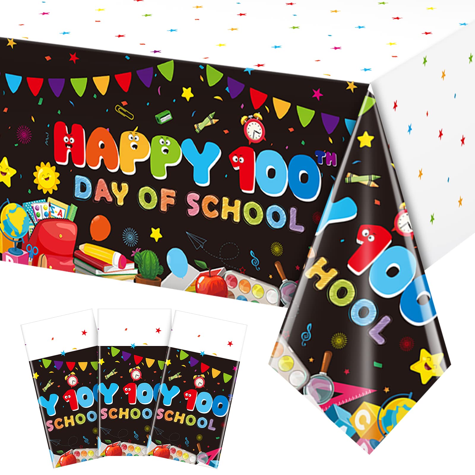MASHAN Happy 100 Days of School Party Tablecloth,Plastic 100 Days of School Table Cover for Kids Student Kindergarten Preschool Primary School 100th Days of School Party Supplies,54 x108 inch (3Pack)