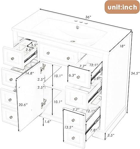 Miniatura 2 de Bellemave Tocador de baño de 36 pulgadas con lavabo, juego de tocador individual, lavabo y lavabo combinado con un gabinete y seis cajones para Azul