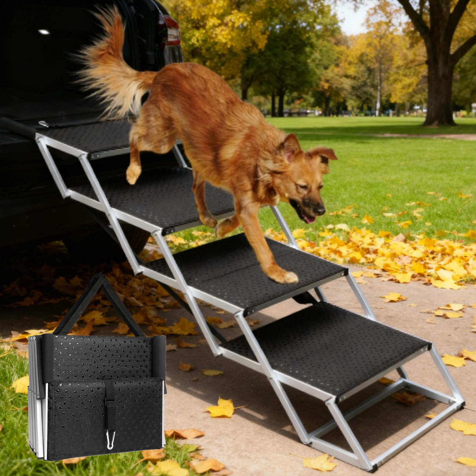 Storystore Hundetreppe Auto, 4 Stufen Hundetreppe Auto klappbar, Hunderampe Auto mit Rutschfester Oberfläche, Einstiegshilfe Hunde Auto für SUV, Auto, LKW Kofferraum, Hochbett, Belastbar bis 80 kg