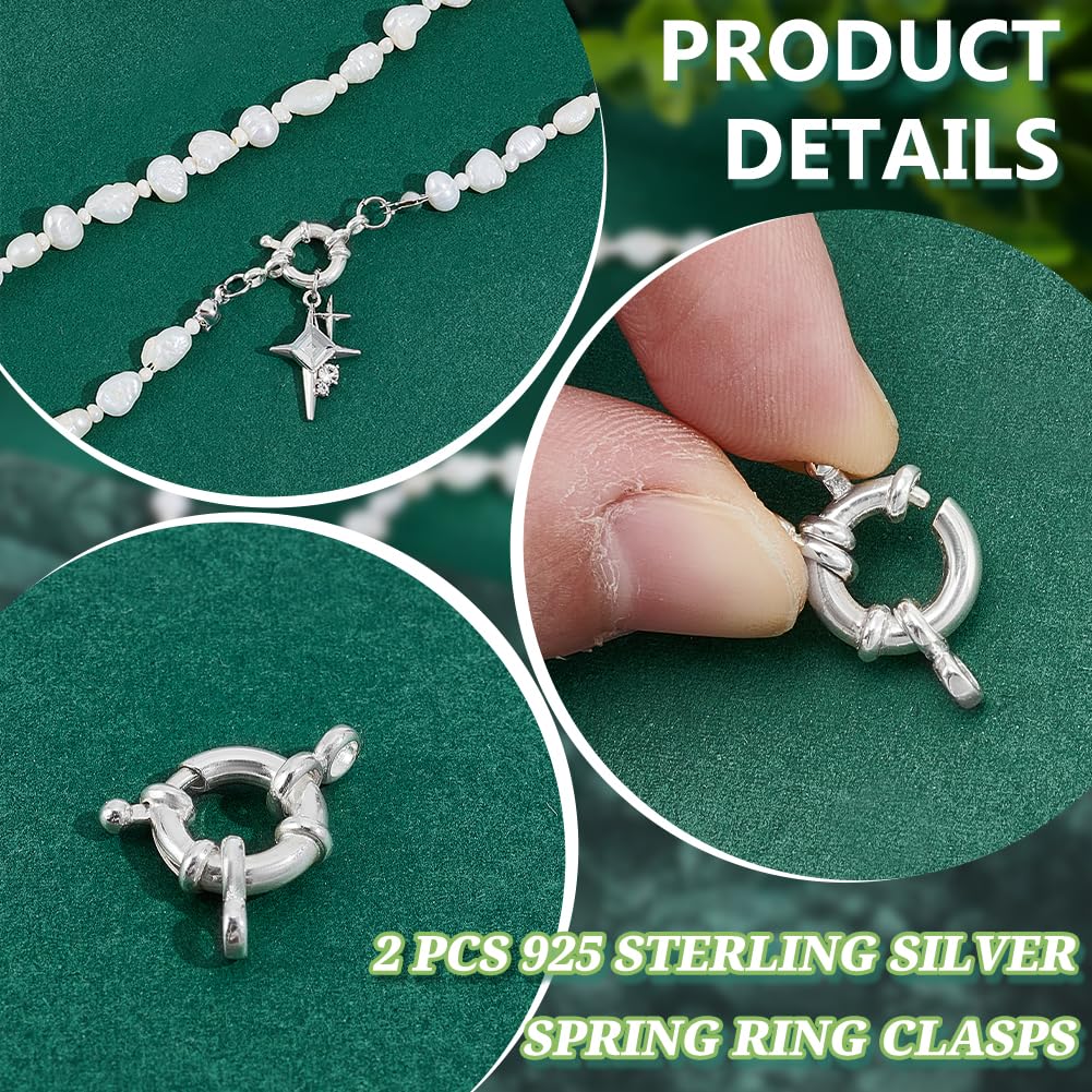 NBEADS 2 Stück 925 Sterling Silber Federringverschlüsse, Offene Sprung Ringe Runde Schließen Halskette Clasps für DIY Armband Halskette Schmuck machen Handwerk, 21.5x10x2.5mm
