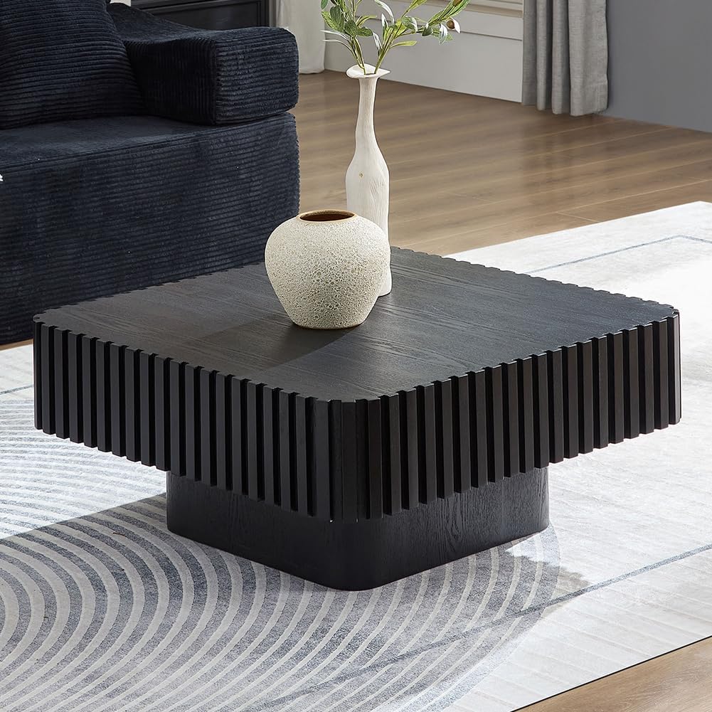 Black Square Coffee Table for Living Room Fluted Coffee Table 31.5'' Solid Wood Center Tables with Pedestal Accent Tables for Small Space Apartment