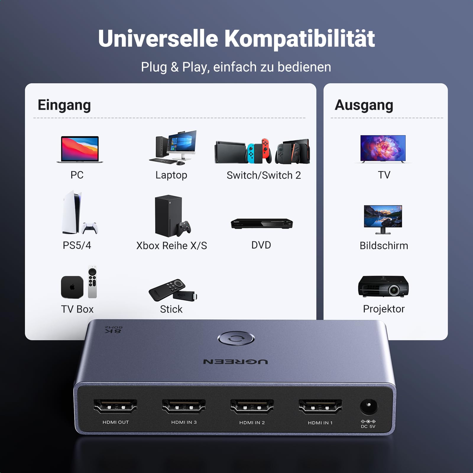 UGREEN HDMI 2.1 Switch 8K@60Hz HDMI Splitter 3 In 1 Out HDMI Umschaltpulte Unterstützt VRR & ALLM, Dolby Vision, Kompatibel mit PS5, Xbox, Apple TV, DVD Spieler