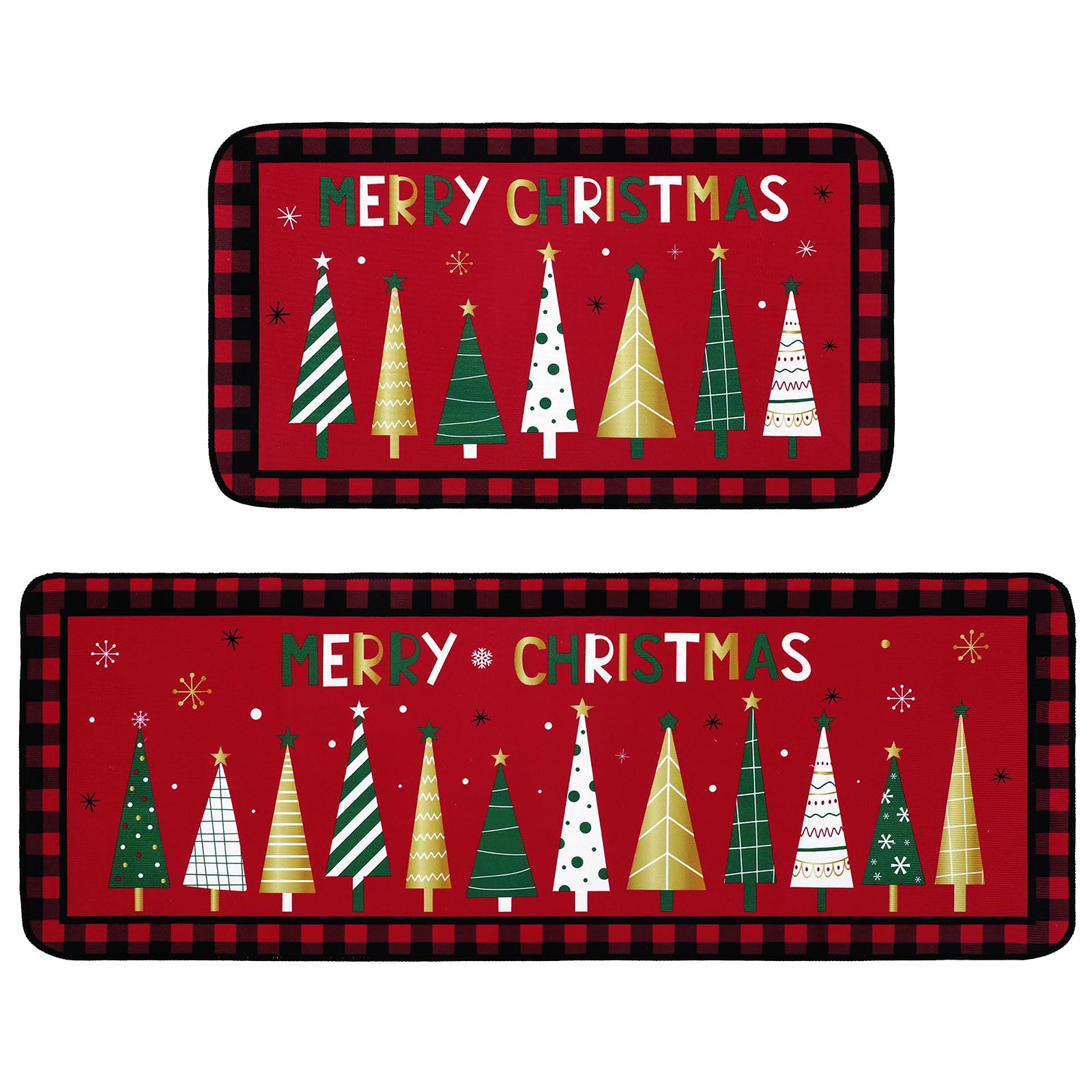 Bencailor Set of 2 Christmas Kitchen Rugs and Mats Merry Christmas Xmas Trees Floor Mat Non Slip Red Black Buffalo Plaid Doormat Home Holiday Kitchen Decor, 17 x 30 Inch, 17 x 47 Inch