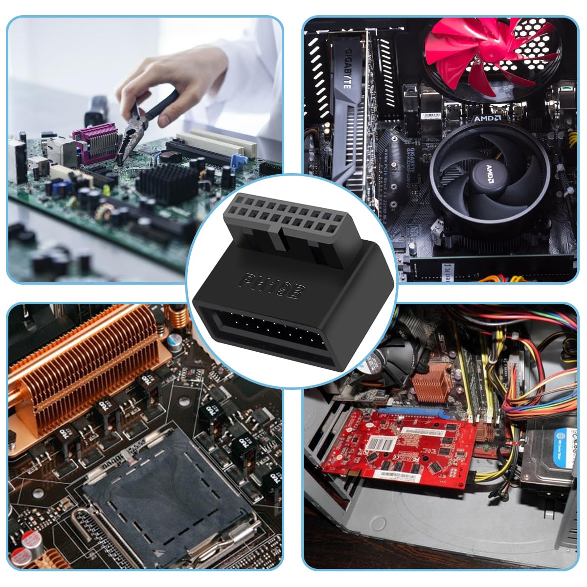 2 szt. Płyta główna USB 3.0 19/20 Pin 90 Degree Adapter, męski do żeńskiego typu L Turn Right Angle Socket Extension Adapter, do płyty głównej komputera stacjonarnego (Down Angle PH19B)