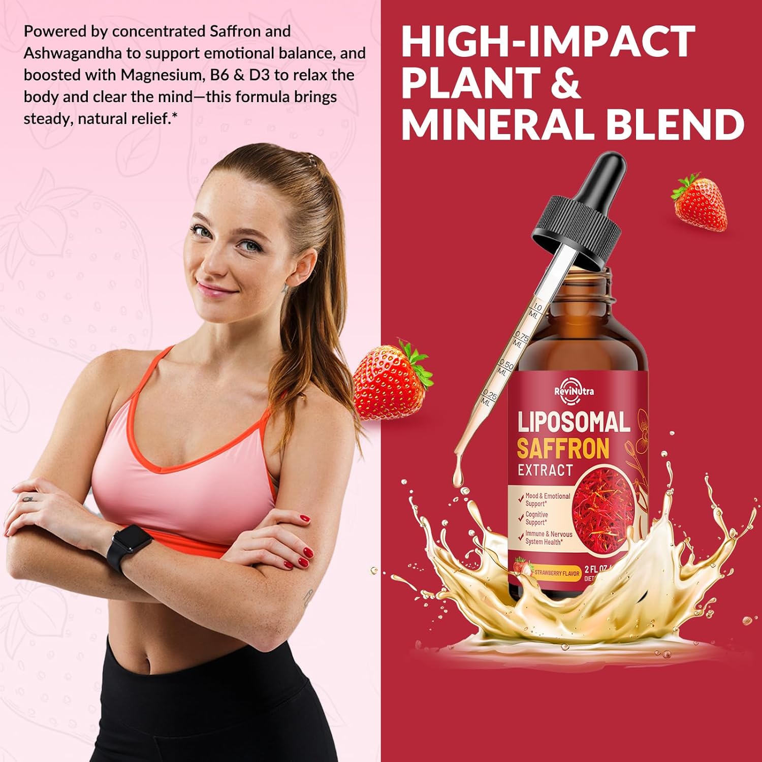 Saffron Supplements - 88.5mg Saffron Extract Liposomal Liquid Drops with Magnesium, Zinc, Ashwagandha, L-Theanine, Vitamin B6, D3 for Antioxidant Mood Energy Vision & Focus, Strawberry Flavor 2 Fl Oz - Image 6