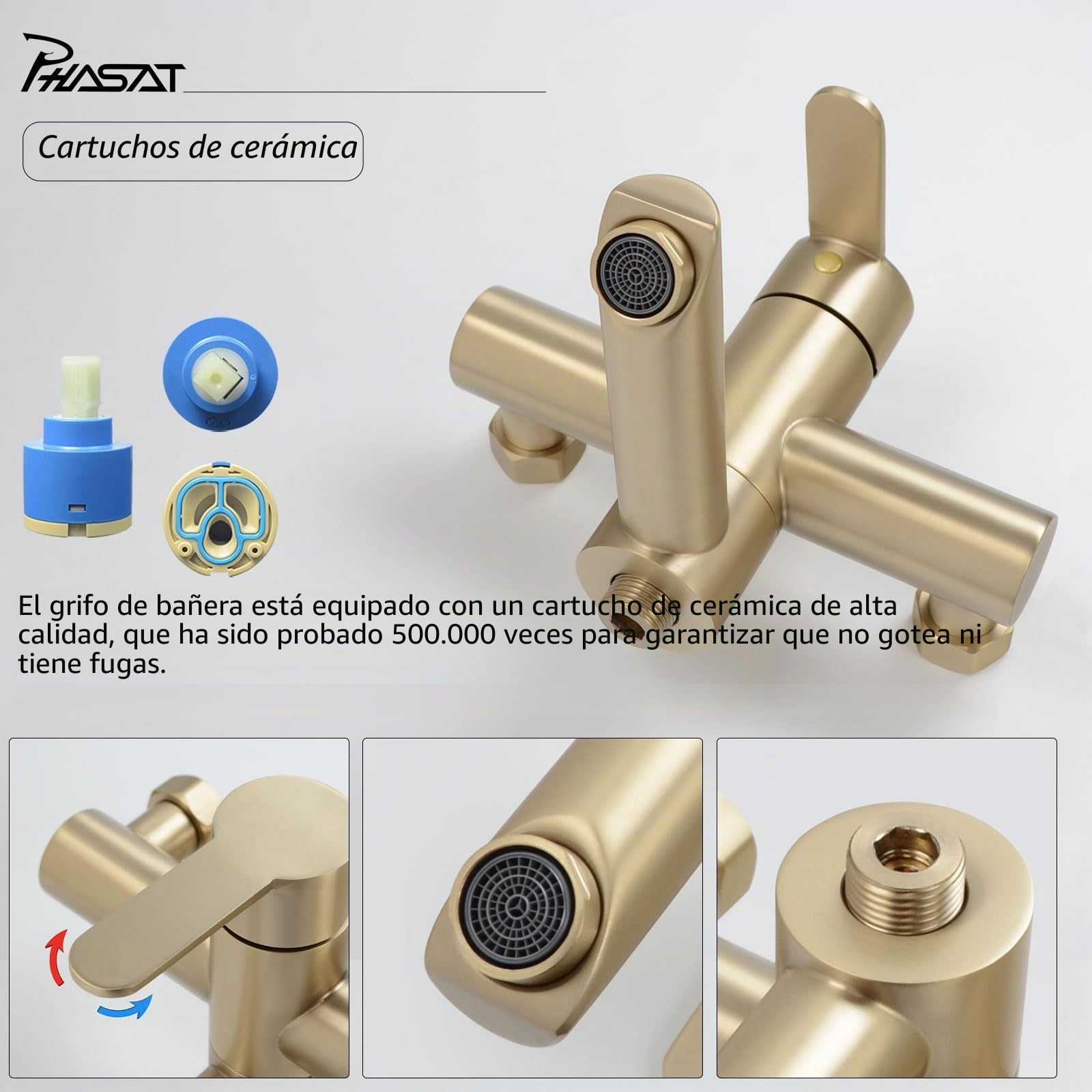 PHASAT grifo de bañera con ducha de mano de acero inoxidable juego de ducha de pared grifo de bañera de baño oro caño giratorio de 90 ° PTBG04E