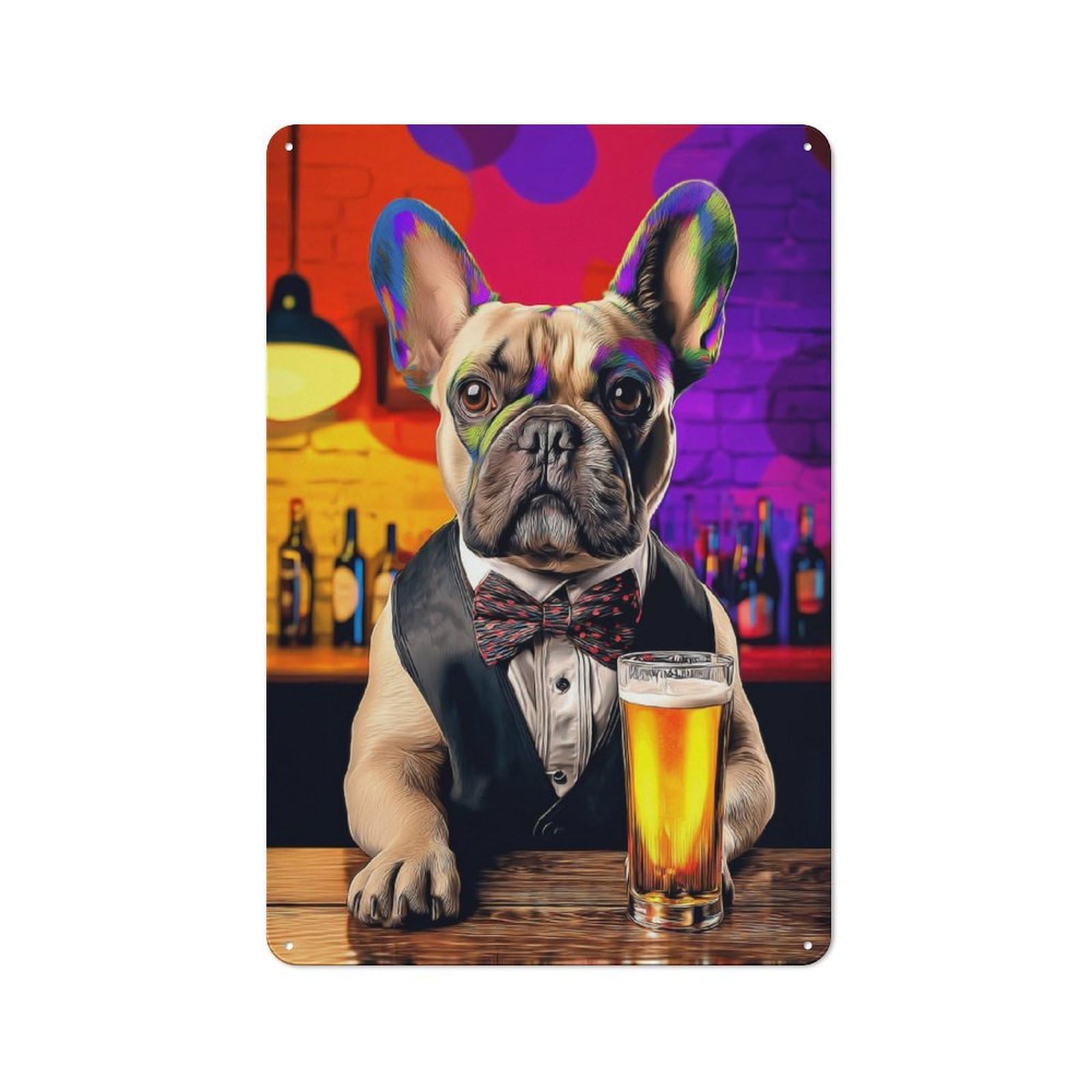 Junmoney Colorful Bulldog In Tuxedo With Beer Metal Plaque With Design 30X20cm, Vintage Bistro Wall Plaque For Coffee Bar, Kitchen, Bistro Or Tea Corner