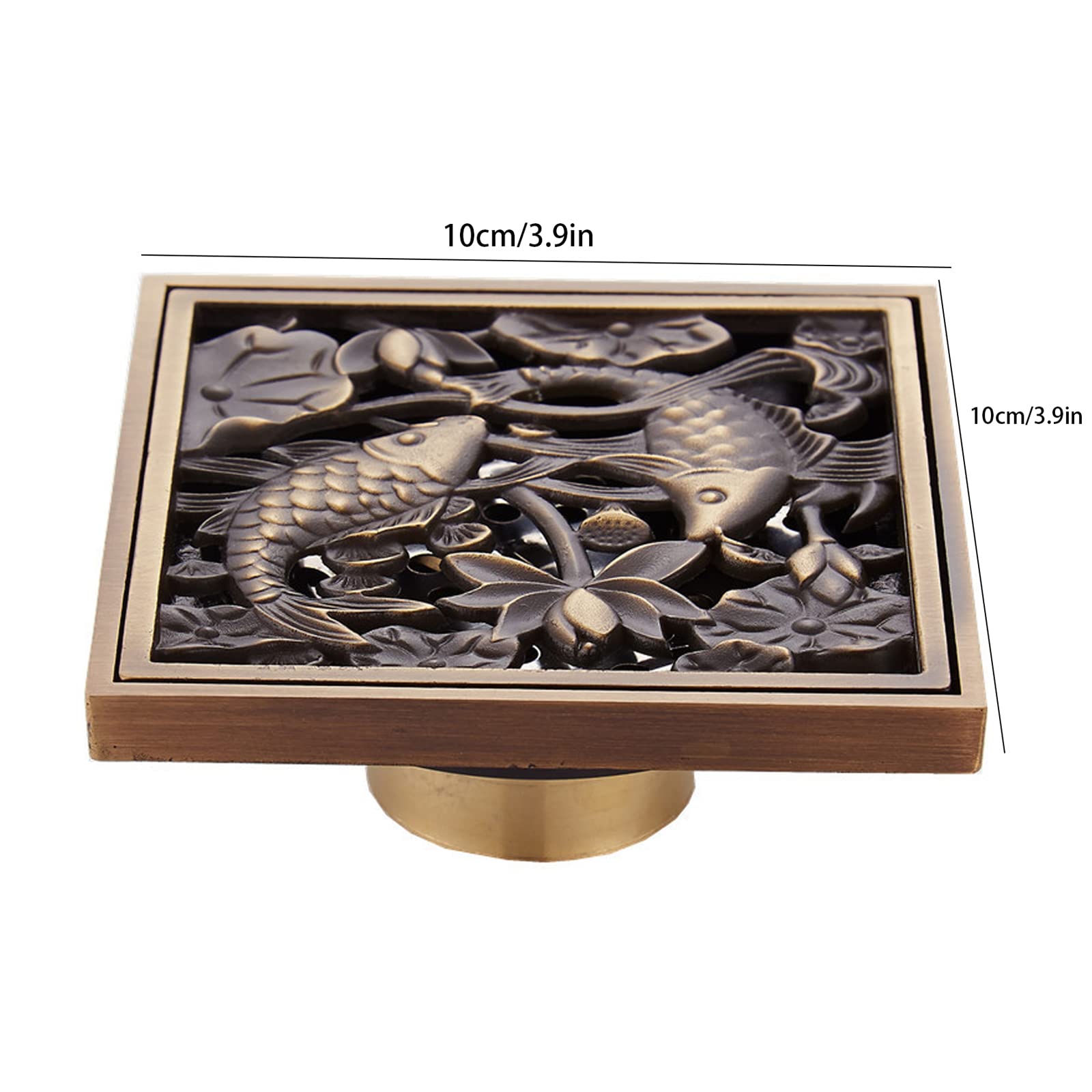 desagüe de Ducha, Tapón de Drenaje Ducha, colador Rejilla residuos, Filtro Doble, Exquisito Relieve Vintage, Cuadrado latón Antiguo, Suelo Pescado