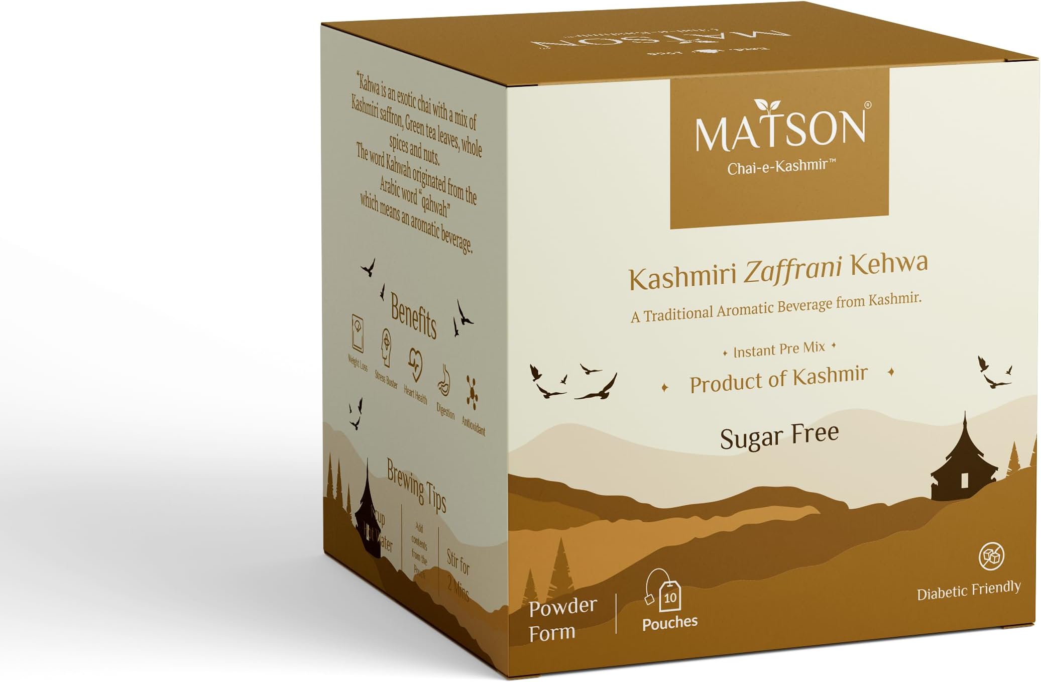 Matson Kashmiri Zaffrani Kehwa Instant Pre Mix Pouch (10 x 8g) | Cardamom Saffron Spices Blend Shahi Qehwa Kesar Tea | Sugar Free Beverage Mix | Pack of 10 | Made in Kashmir - U.S. FDA Approved
