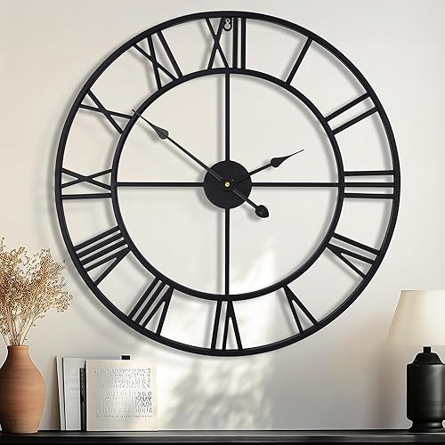 Miniatura 11 de Relojes de Pared Grandes para Decoración de Sala de Estar, 16 Pulgadas Redondo de Metal Negro Silencioso Sin Tictac Operado con Batería Números