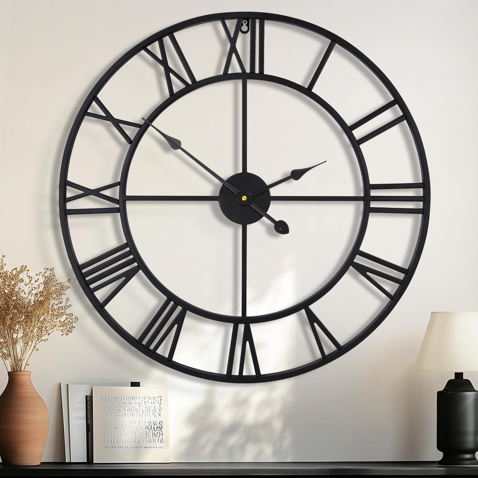 HAITANG 80CM Large Wall Clock 30 Inches Oversized Modern Round Black Metal Nearly Silent Non-ticking Battery Operated Roman Numerals Clocks for Living Room,Bedroom,Kitchen Decor