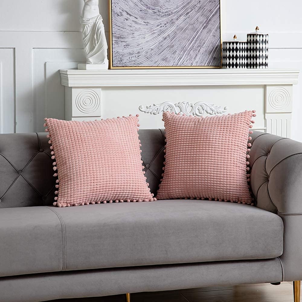 DEZENE Pink Decorative Couch Throw Pillow Covers - 2 Pack 18x18 Inch Soft Corduroy Corn Striped Pom-poms Square Pillow Cases for Bedroom Sofa Living Room