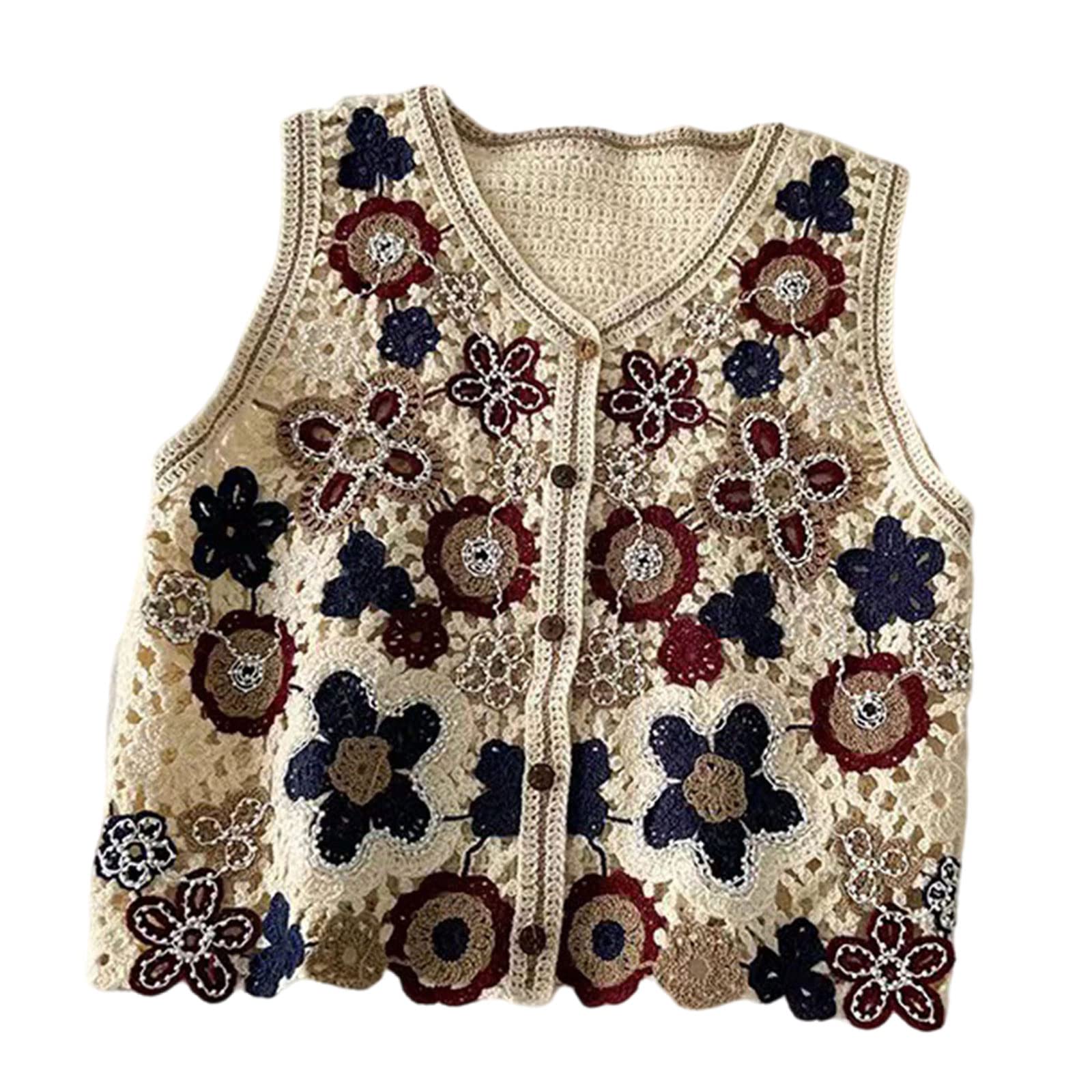 Limtula Unisex Brown Women Hollow Crochet Knit Vest Waistcoat Beaded Embroidery Colorful Floral Sleeveless Cardigan For Button Crop To Sleeveless Cardigans For Women