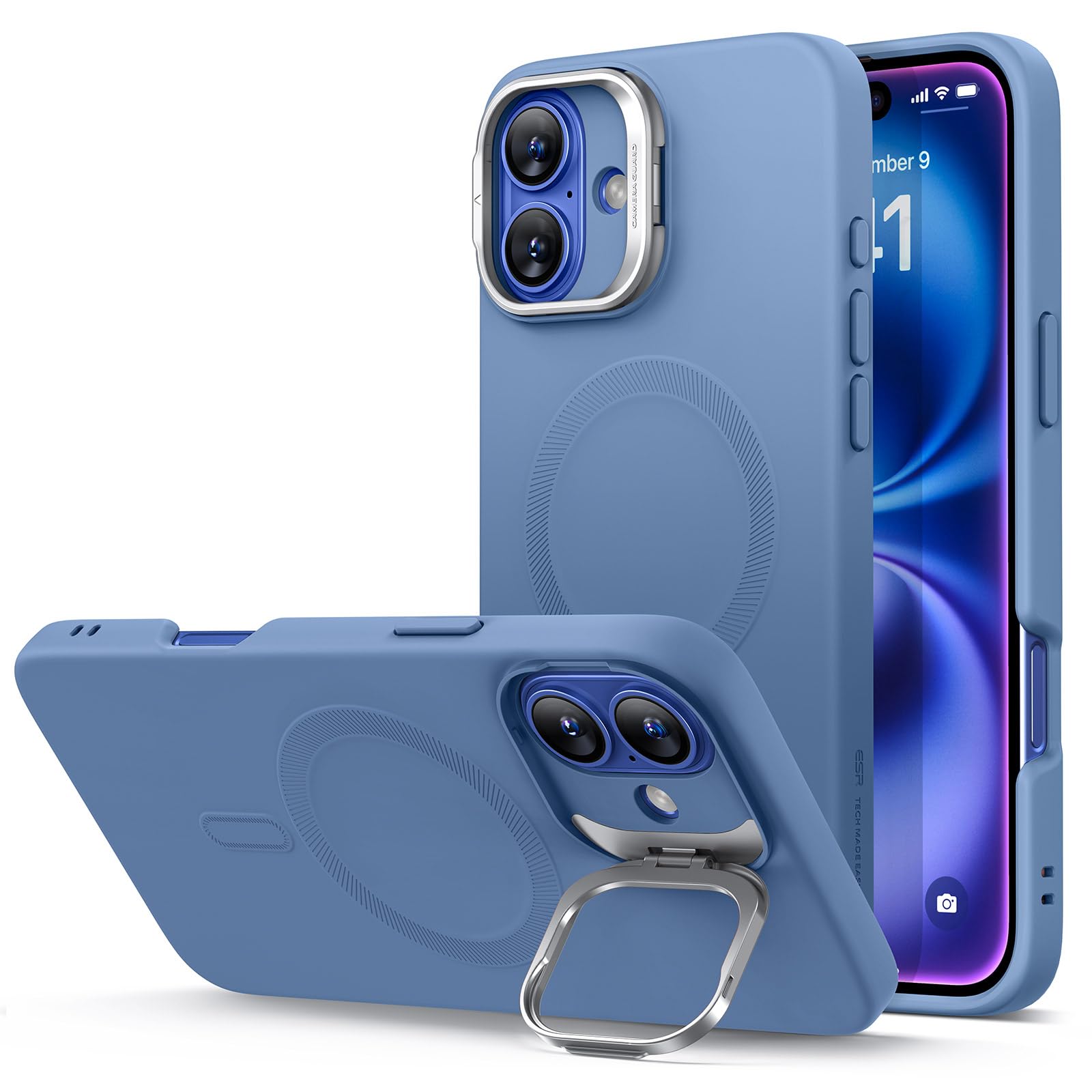 ESR for iPhone 16 Plus Case, Silicone Case with Stand, Compatible with MagSafe, Built-in Camera Stash Stand, Magnetic Phone Case, Cloud Series, Light Blue