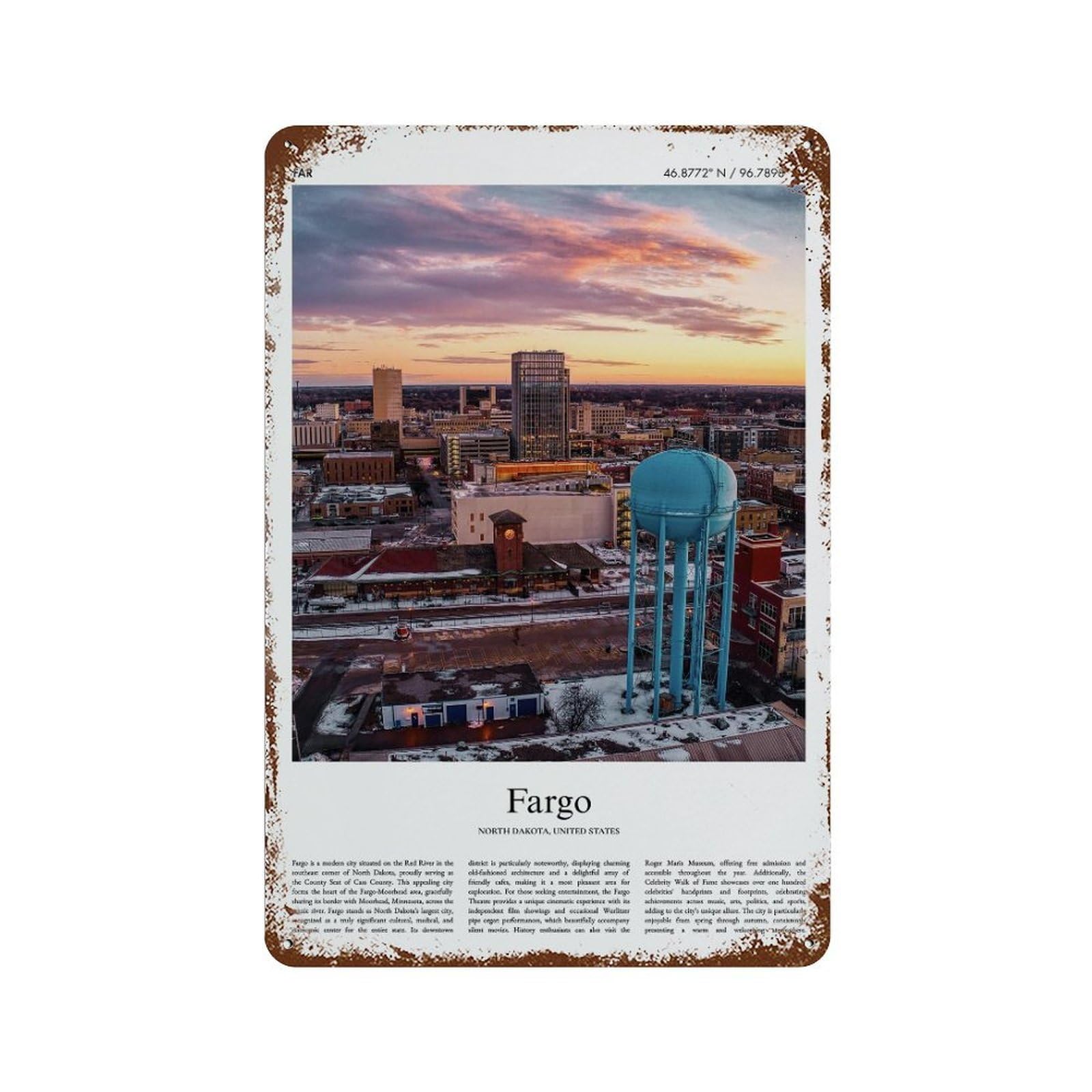 xiaoxiaoshen Fargo North Dakota City Scenery Wall Decor Art Metal Tin Poster Modern Home Decor Art Home Bar Shop Decorations Vintage Sign 30x20cm