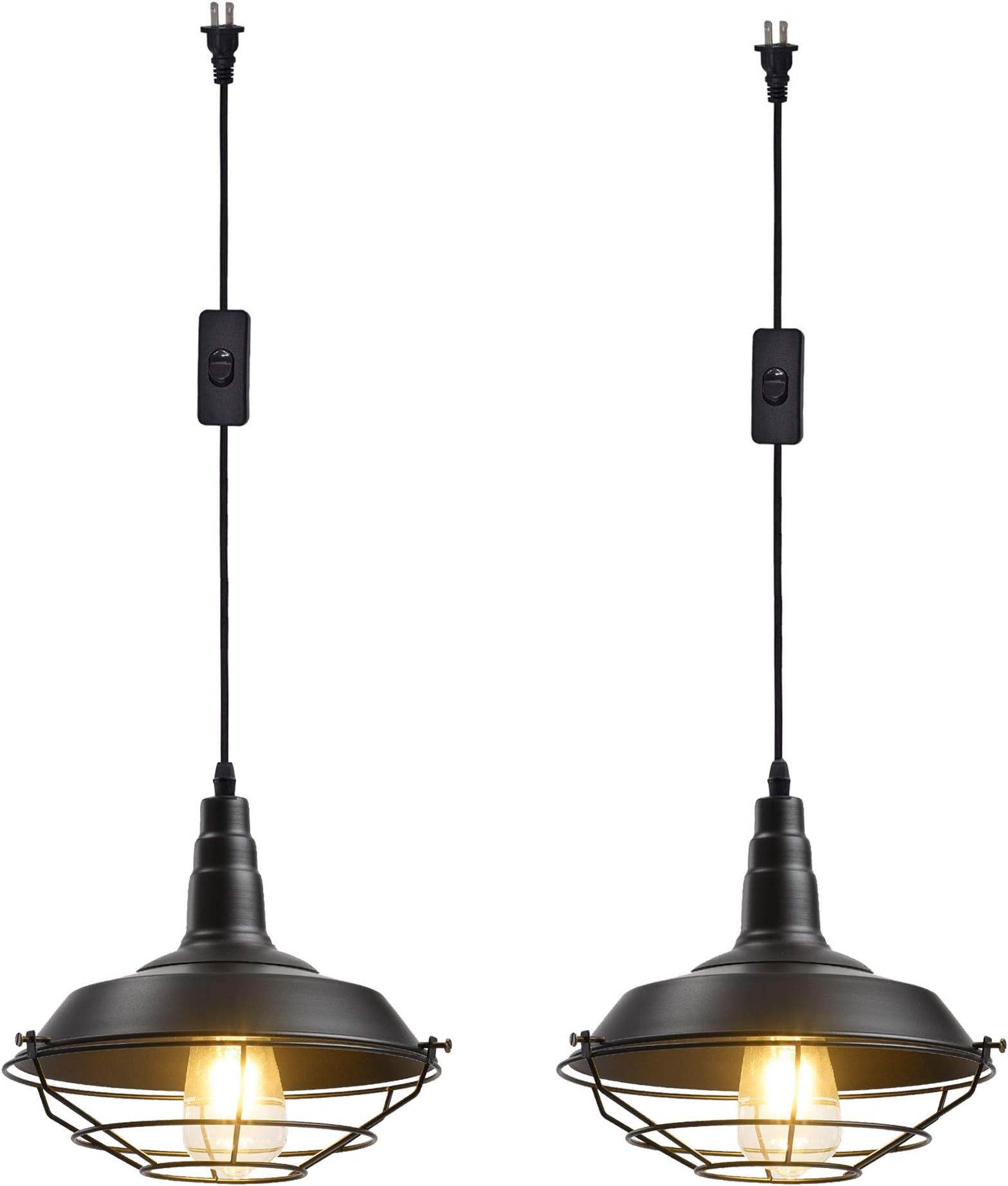 Ivalue Industrial Hanging Pendant Light with Plug in Cord Pack of 2 Black Cage Barn Pendant Lamps for Kitchen Dining Room(DC-Black-Plug in -2)