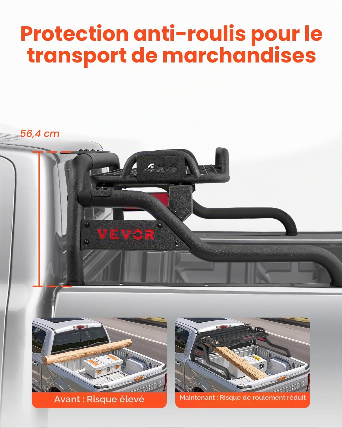 VEVOR Arceau de Sécurité Arrière pour Pick-up, Barre de Benne Réglable Universel, Compatible avec Pickup Pleine Grandeur, en Acier au Carbone, avec Plateau Porte-bagages et Feu Stop LED, Camion