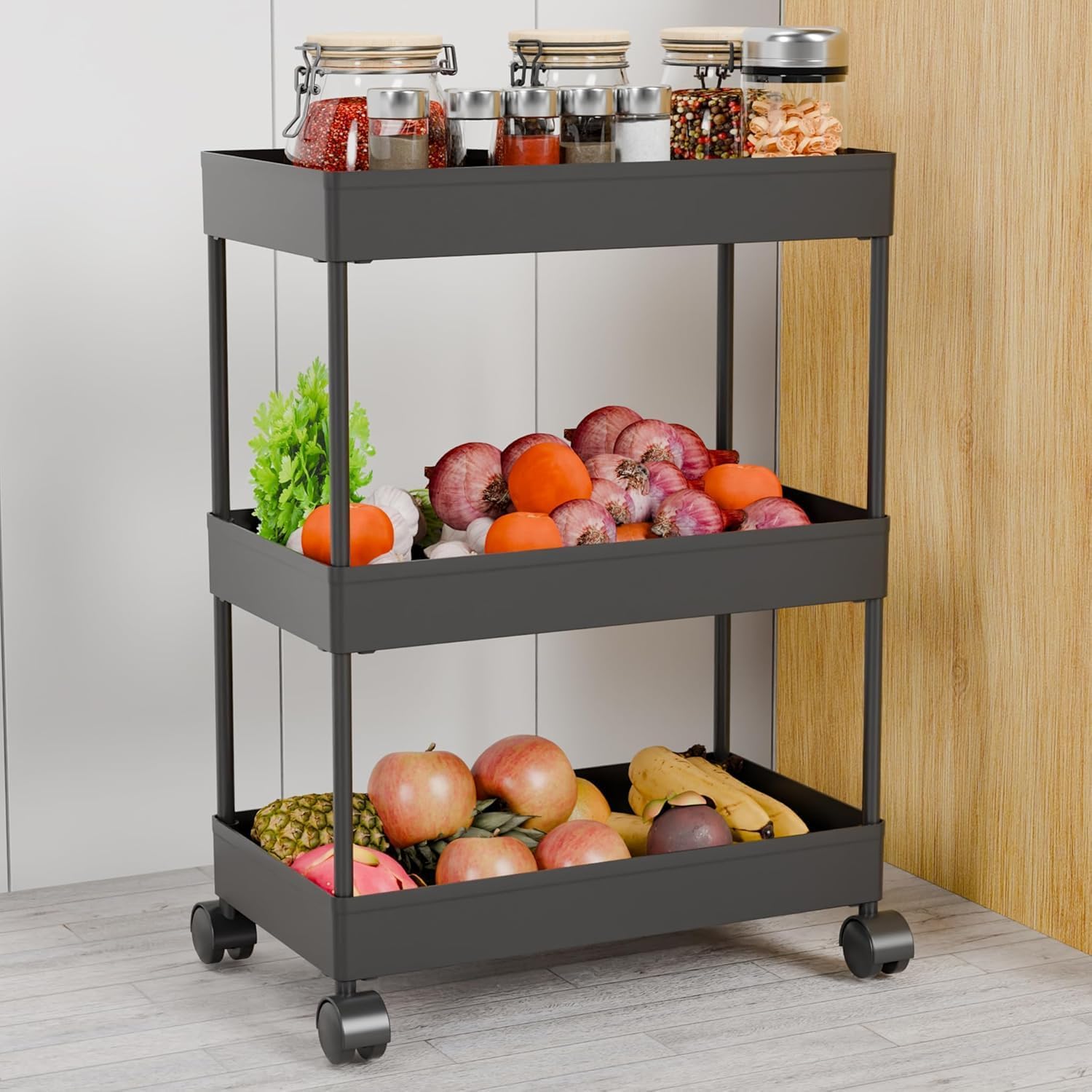 Plastic Storage Rack for Bedroom/Shelf for Bedroom/Bathroom Storage Rack/Trolley for Kitchen Storage/Multipurpose Storage Rack (Black, 3 Layer)-image-35