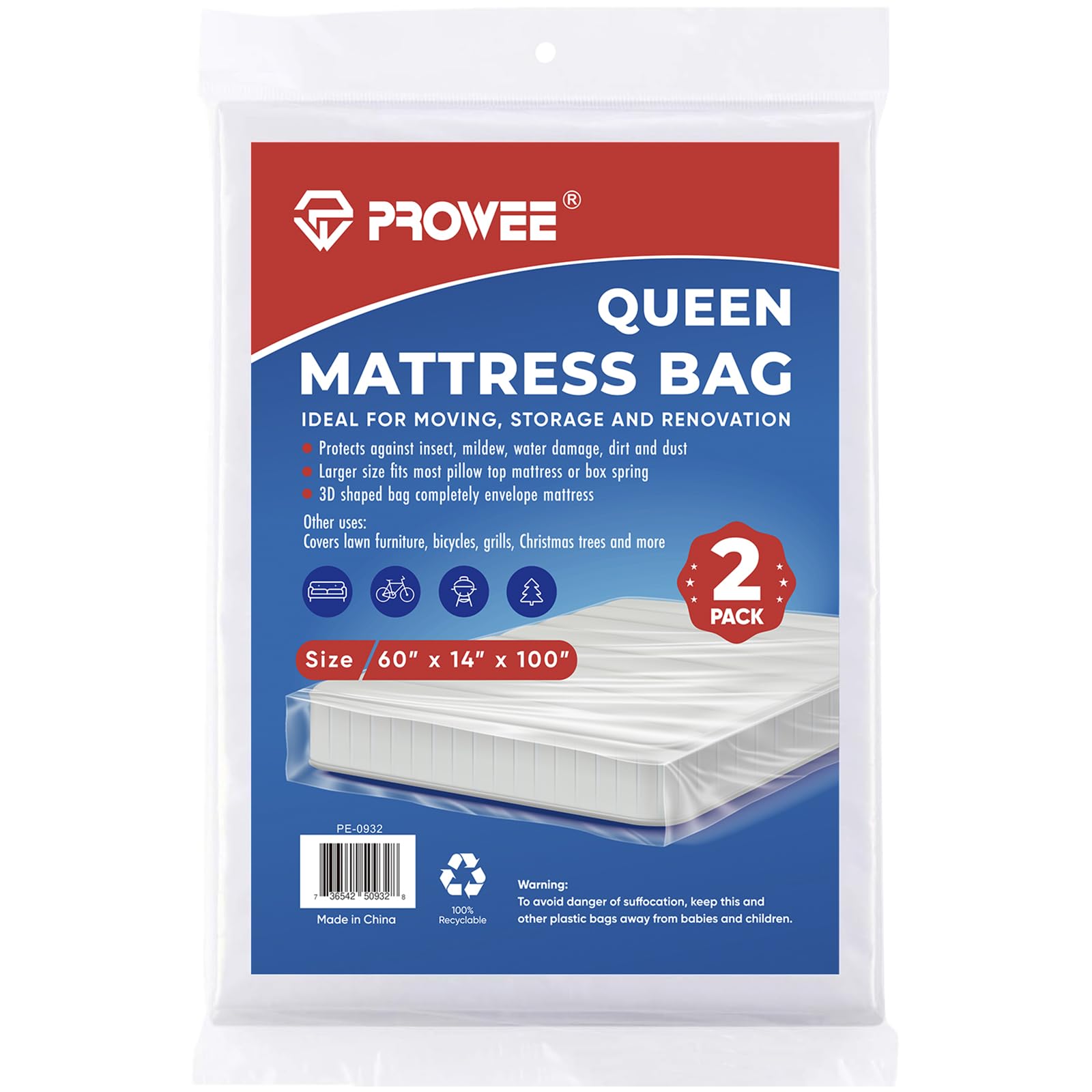 2 Pack Queen Size Mattress Bag 60" x 100" by 14-Inch Thick Clear Mattress Storage Bag Mattress Disposal Bag Mattress Plastic Cover for Moving