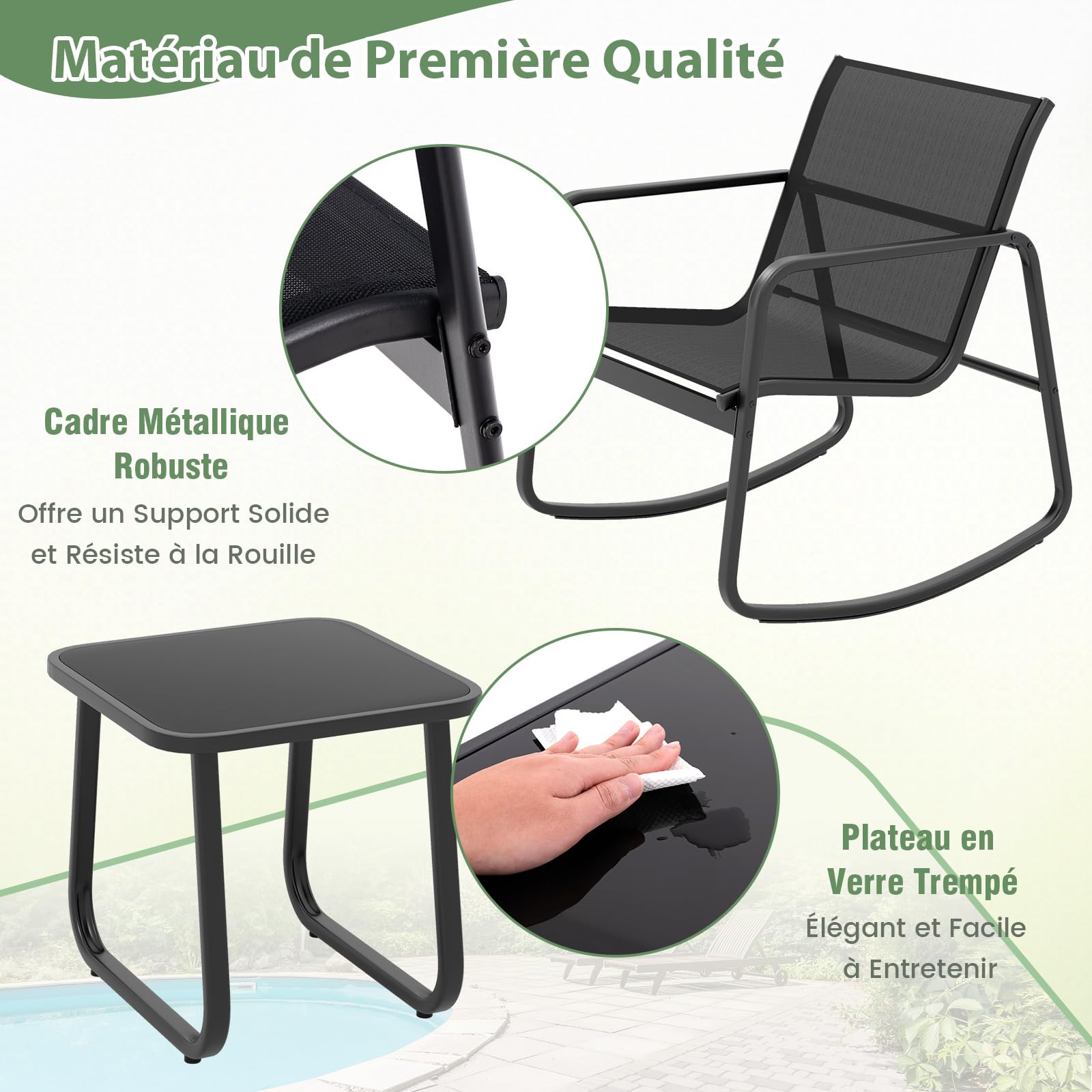 COSTWAY Salon de Jardin 3 Pièces avec Chaises à Bascule Table en Verre, Ensemble de Meuble Extérieur 2 Fauteuils Cadre Métallique Charge 150KG, pour Porche Bord de Piscine Balcon (Noir)