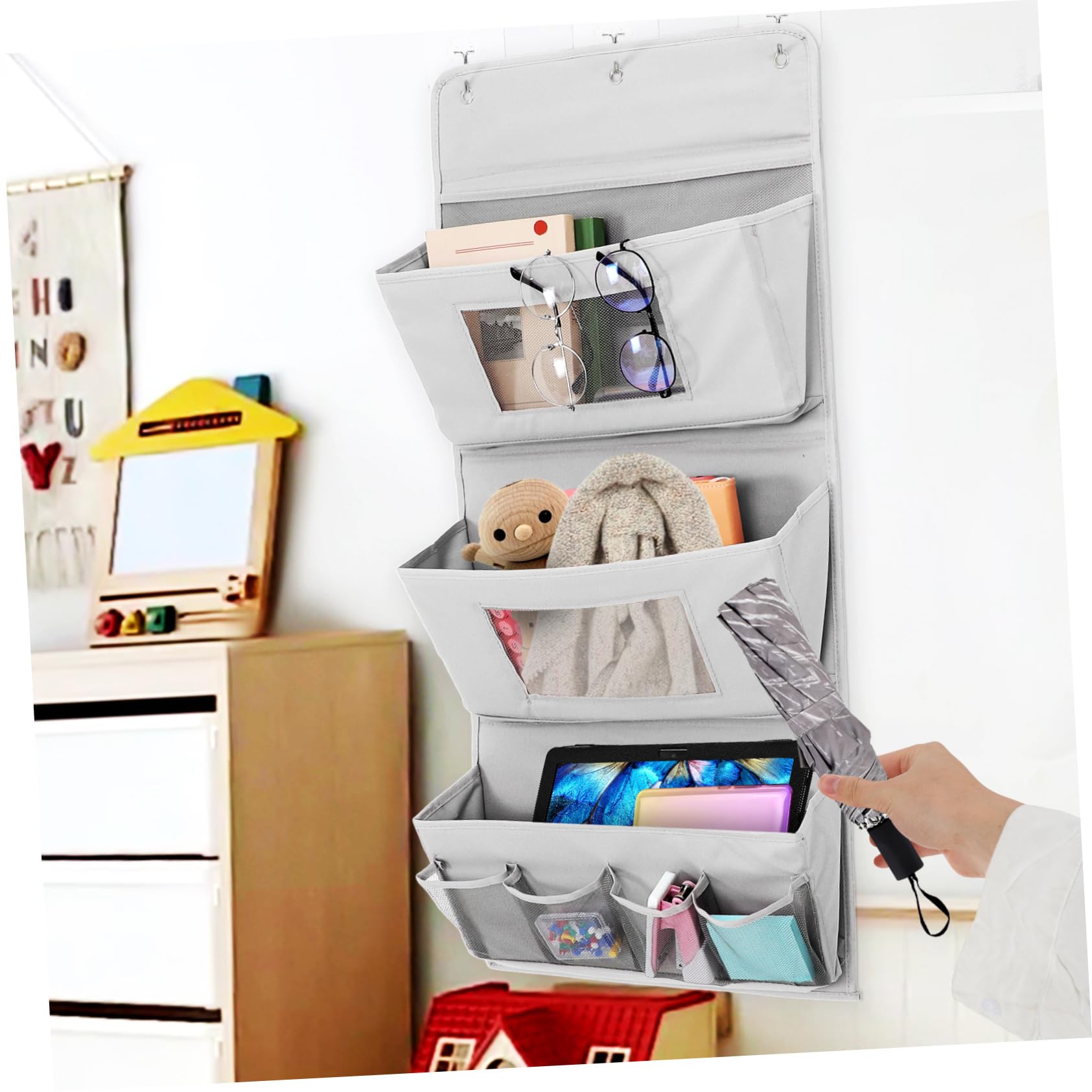 Organizer da Appendere per Porta, Borsa Portaoggetti Grigio Tasche e Fori Multipli, Lavabile, Salvaspazio per Bagno e Camera da Letto