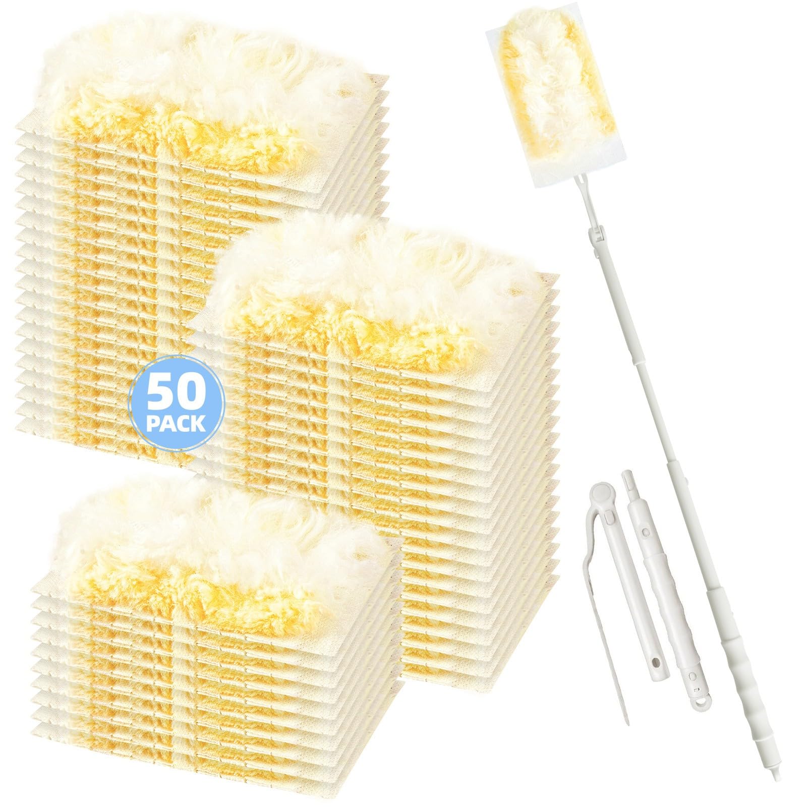 Loveco 51 Stück Kompatibel für Swiffer Staubmagnet Nachfüllpack, 180° Einweg Staubwedel für Swiffer Duster Nachfüllung für Tierhaare, Staub, Schmutz (50 Gelb Tücher + 1 Teleskopgriff)