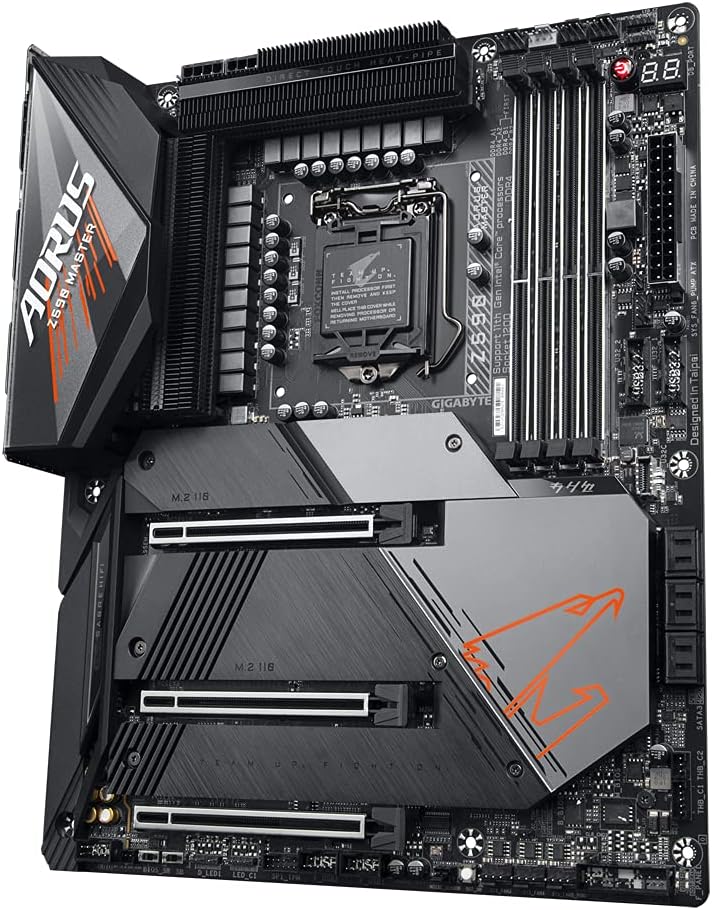 Angled view of the GIGABYTE Z590 AORUS Master Motherboard, highlighting M.2 slots and heatsinks