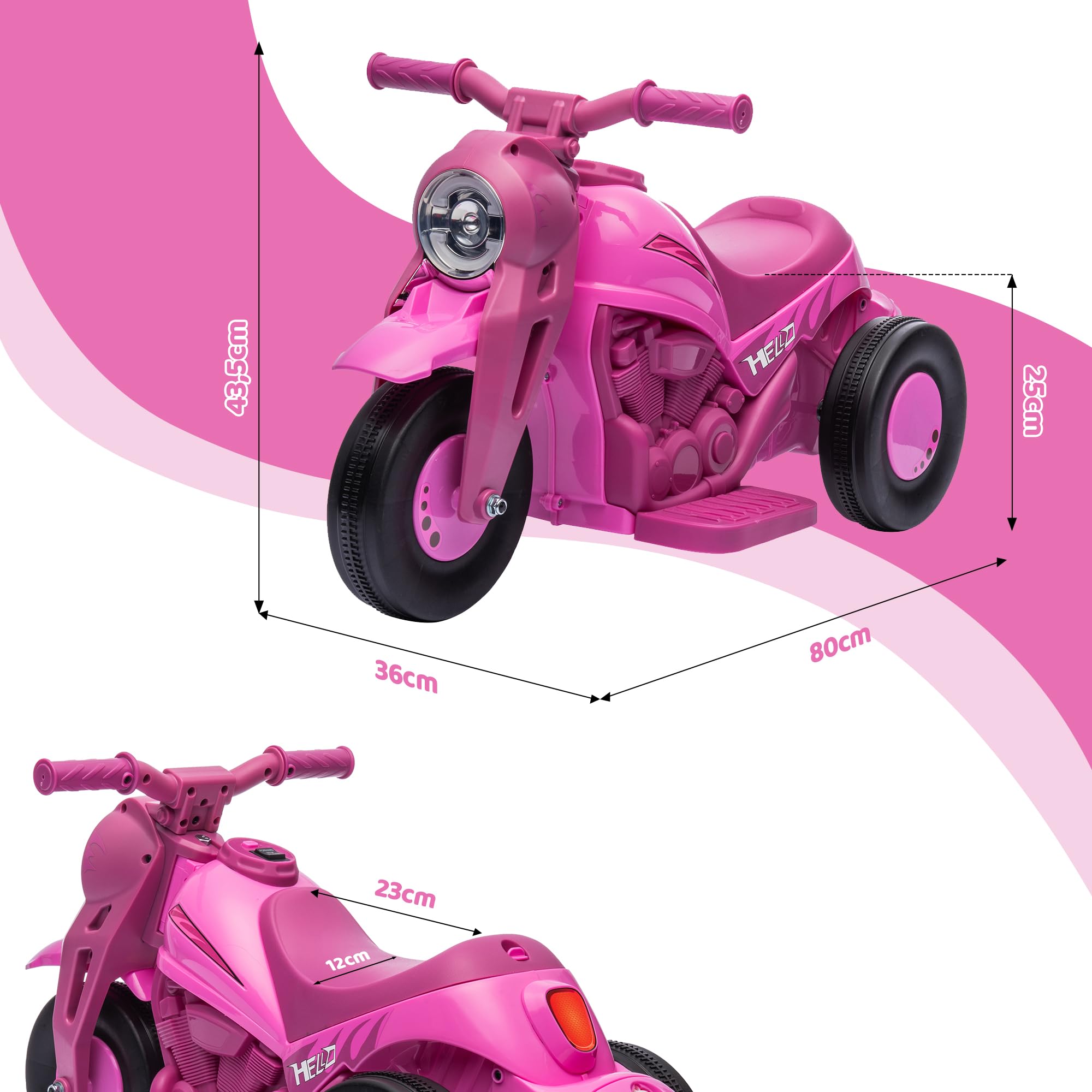 AIYAPLAY Moto électrique Enfants, 3 Roues, 6 V, 3 km/h, Voiture électrique Enfants avec Fonction de Bulles, Effets Lumineux et sonores, 2 à 5 Ans, Charge Max. 30 kg, Rose