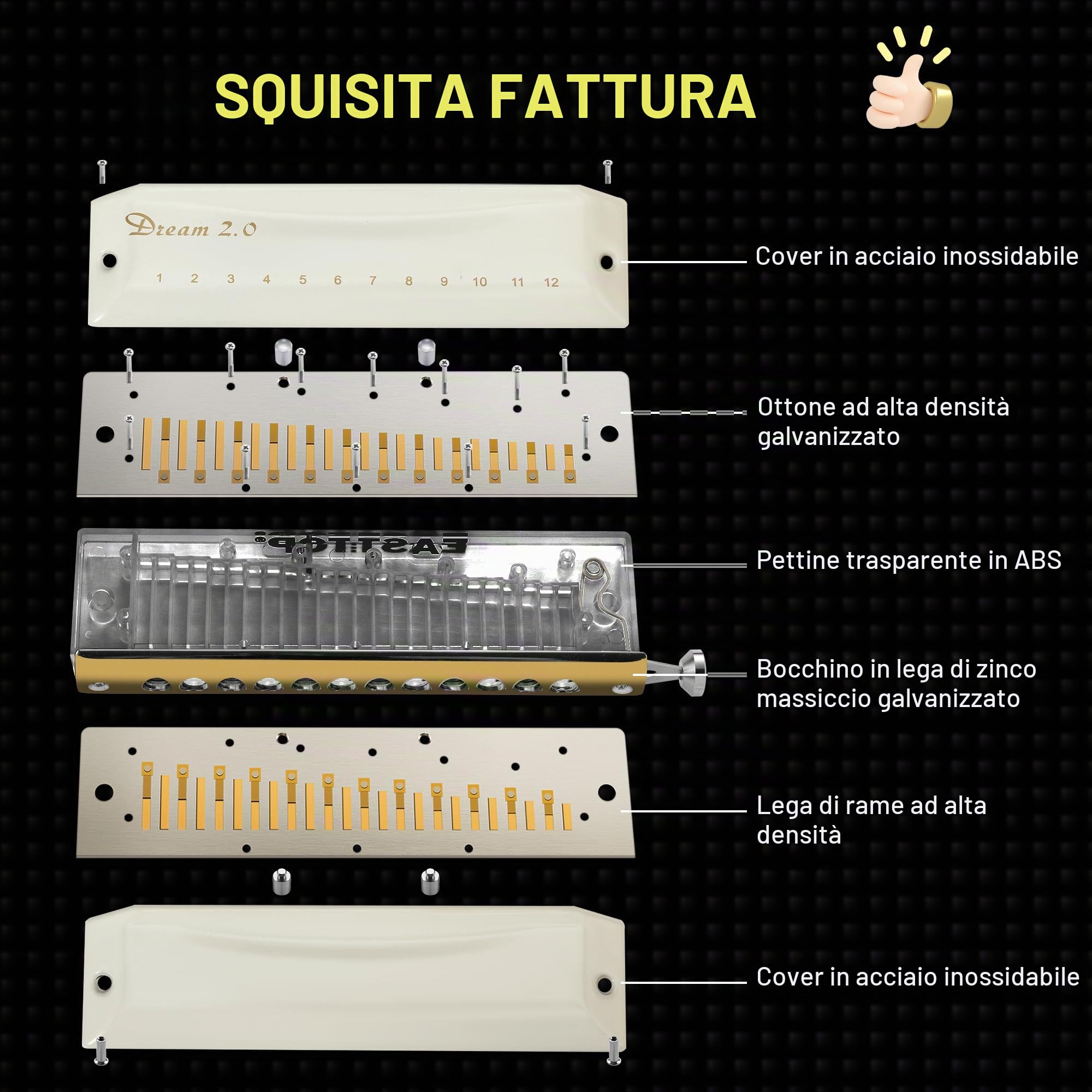 EAST TOP Armonica cromatica in chiave di do, 12 fori, 48 toni, professionale, per adulti, professionisti e studenti, colore bianco