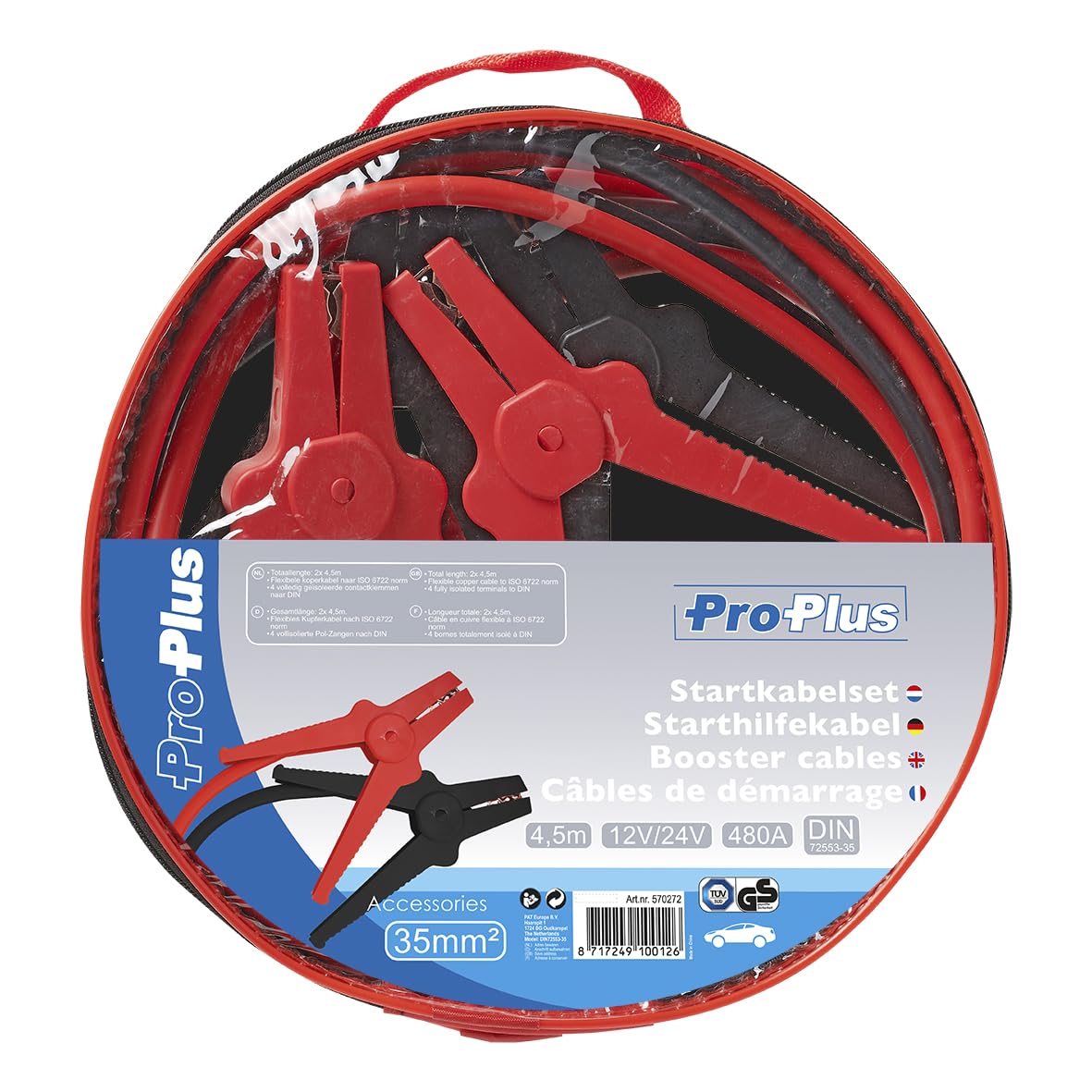 ProPlus Set of 2 Starthilfekabel 35 mm² – Für Auto, Transporter & Wohnmobil 12/24 V – 4 vollisolierte Polklemmen, 2 x 4,5 m – Rot/Schwarz