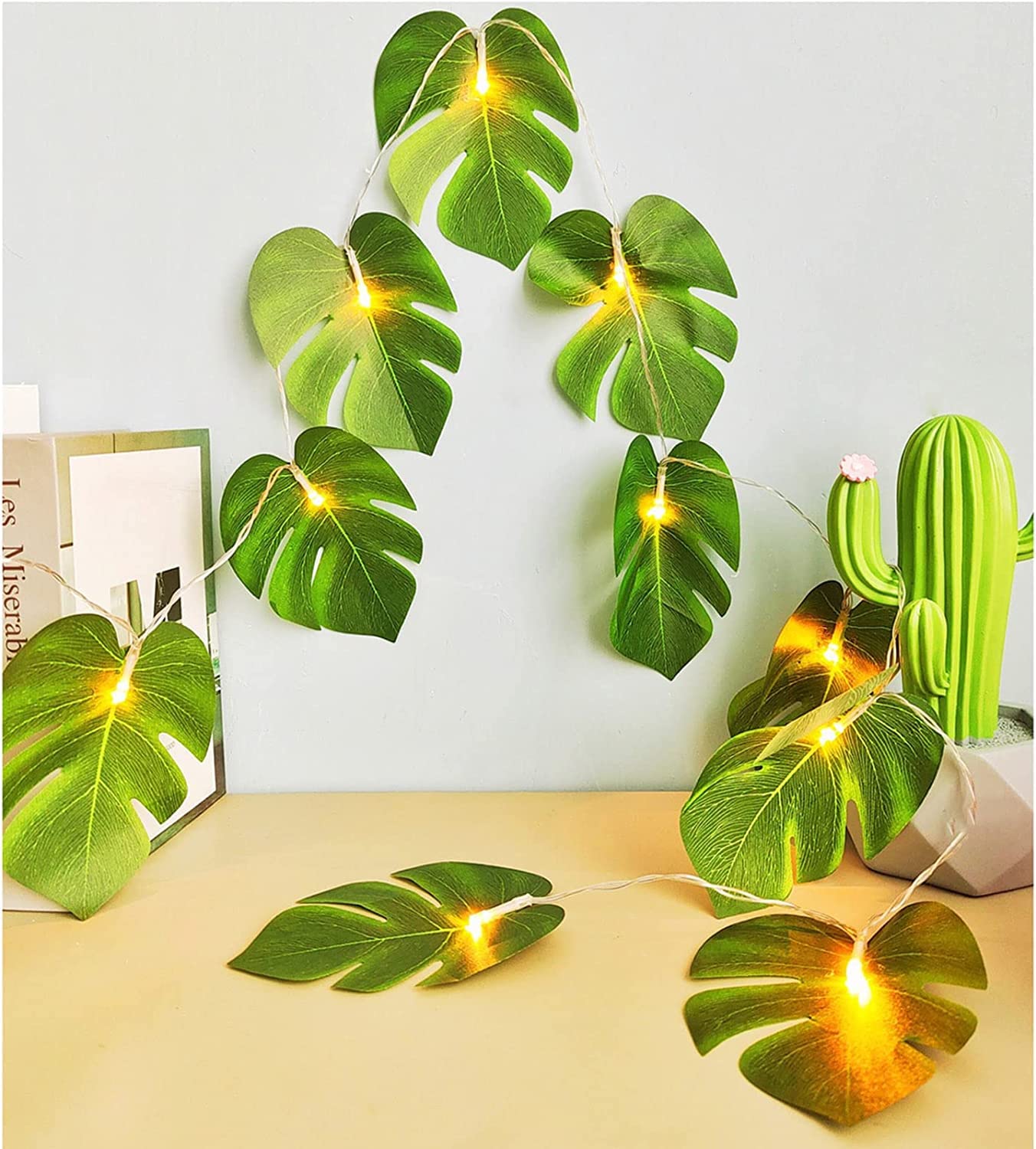 Guirnalda de 40 luces LED de hojas, hojas de palma tropicales artificiales, hojas de palma de ratán tropicales, plantas colgantes de pared para decoración del hogar, jardín, fiesta, vides para