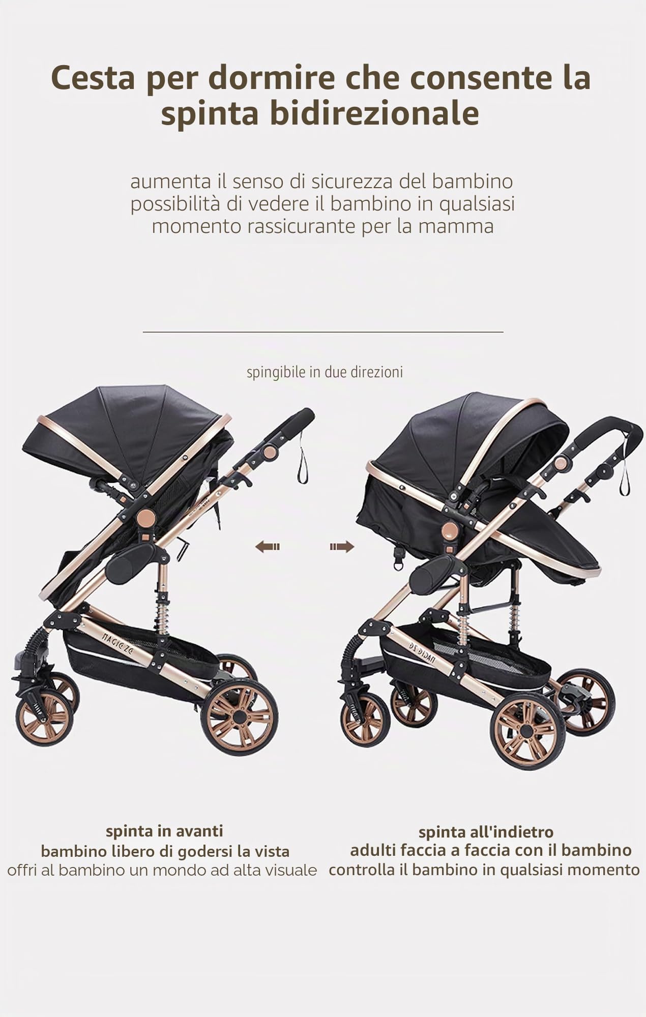 Passeggino Trio, Passeggino 3 in 1 con Design Pieghevole in Un Clic, Trio Neonati con Due Modi Reversibili per Spingere, Lega di Alluminio a Cornice (739 beige)