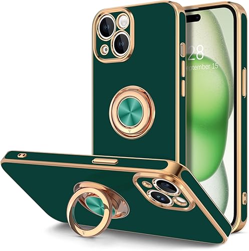 Miniatura 8 de Hython Funda para iPhone 15 Pro Max con soporte de anillo, soporte de anillo giratorio de 360, soporte magnético, chapado en oro rosa, cubierta