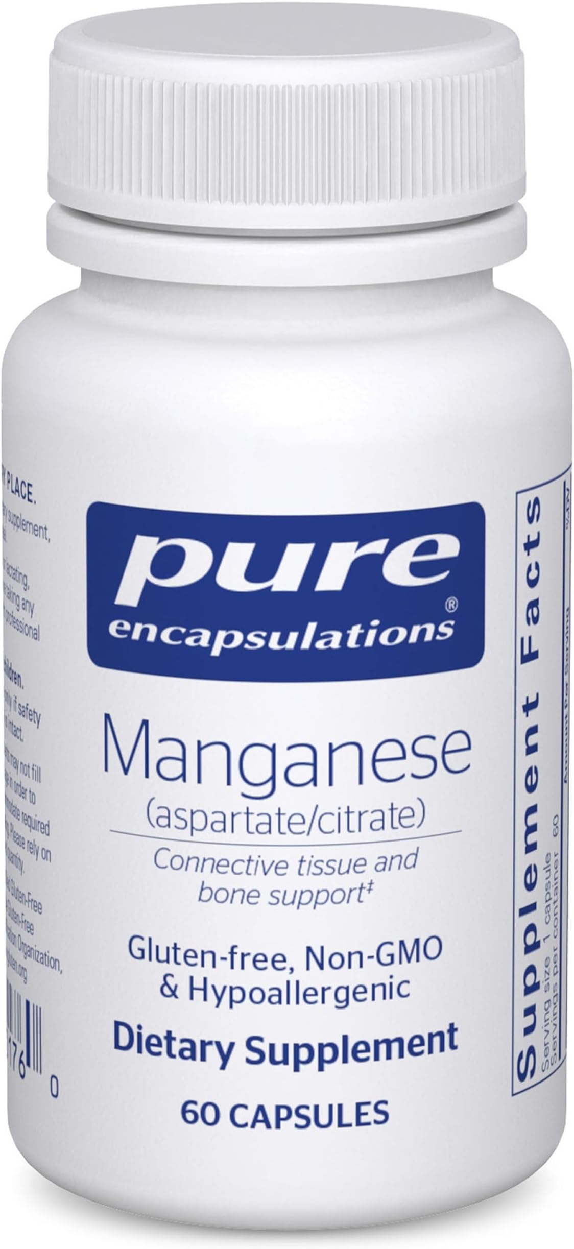 Manganese (Aspartate/Citrate) | Hypoallergenic Trace Mineral Supplement for Connective Tissue and Bones | 60 Capsules