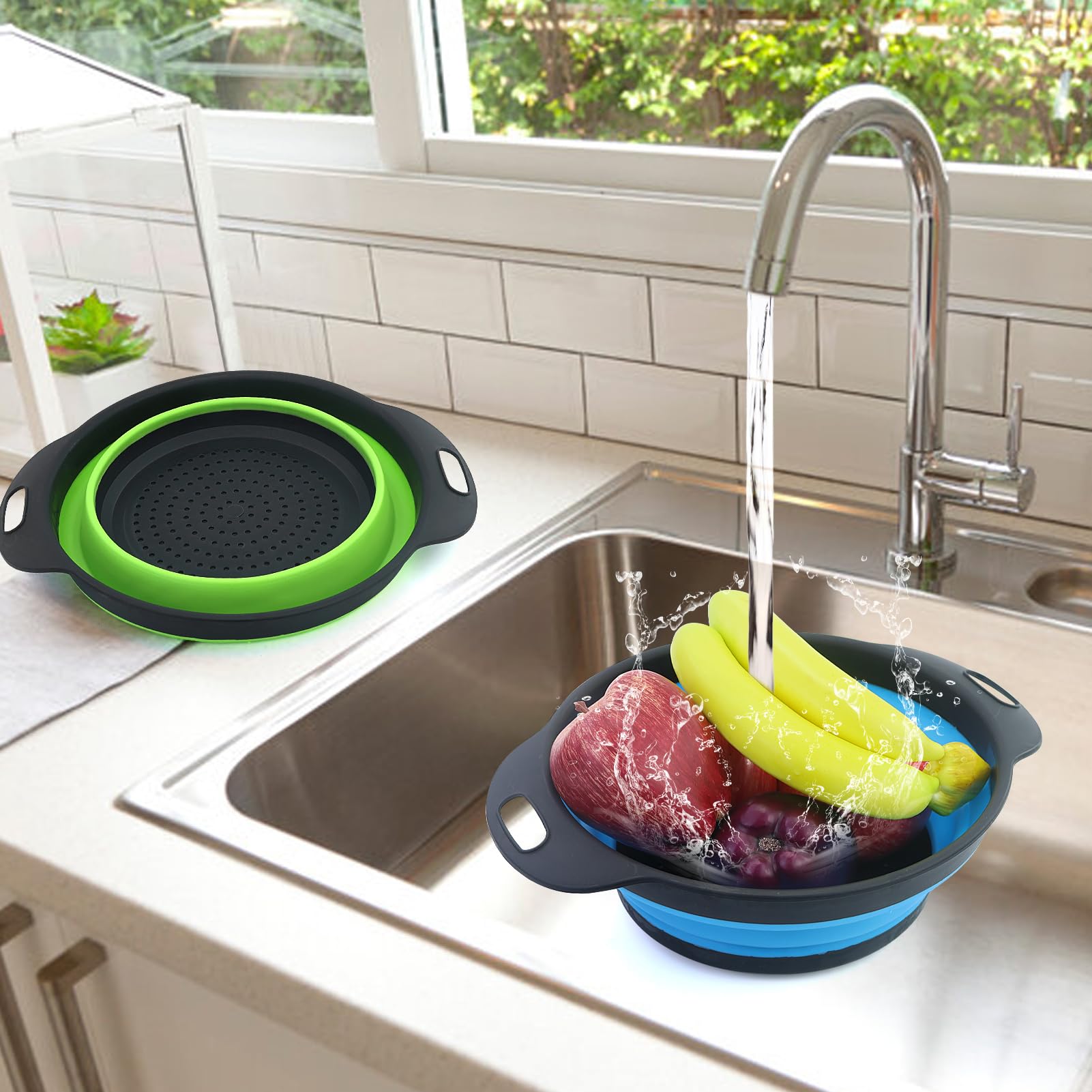 Set 2 Pezzi Grande Scolapasta in Silicone Pieghevole, Blu e Verde, Cucina Pieghevole sopra Il Lavandino del Silicone Colander/Setacci, Lavabili in Lavastoviglie(28.5CM)