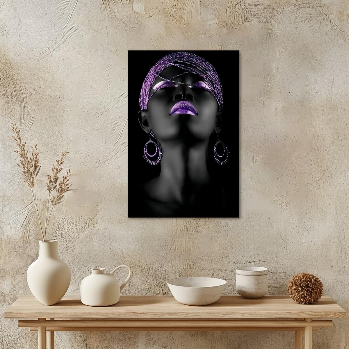Purple Black Woman Wall Art African American Portrait Poster Minimalist Girl Room Decor Canvas Prints Painting for Home Living Room Bethroom dorm Bathroom Wall Decor 12x18inch Framed