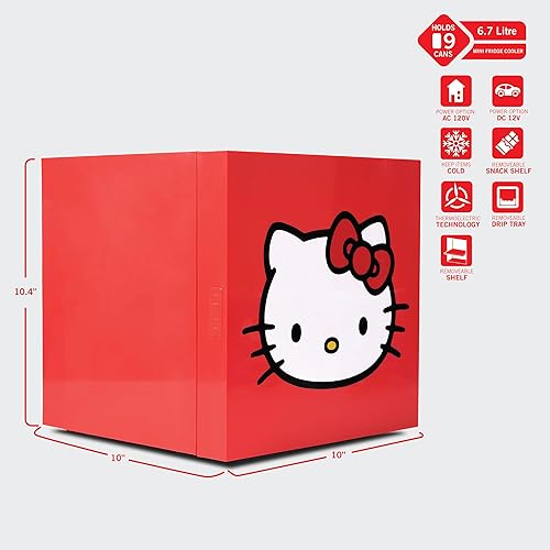 Miniatura 6 de Ukonic Sanrio Hello Kitty - Mini refrigerador termoeléctrico rojo de 6.7 L, para 9 latas, alimentado por CACC, bonito almacenamiento compacto para