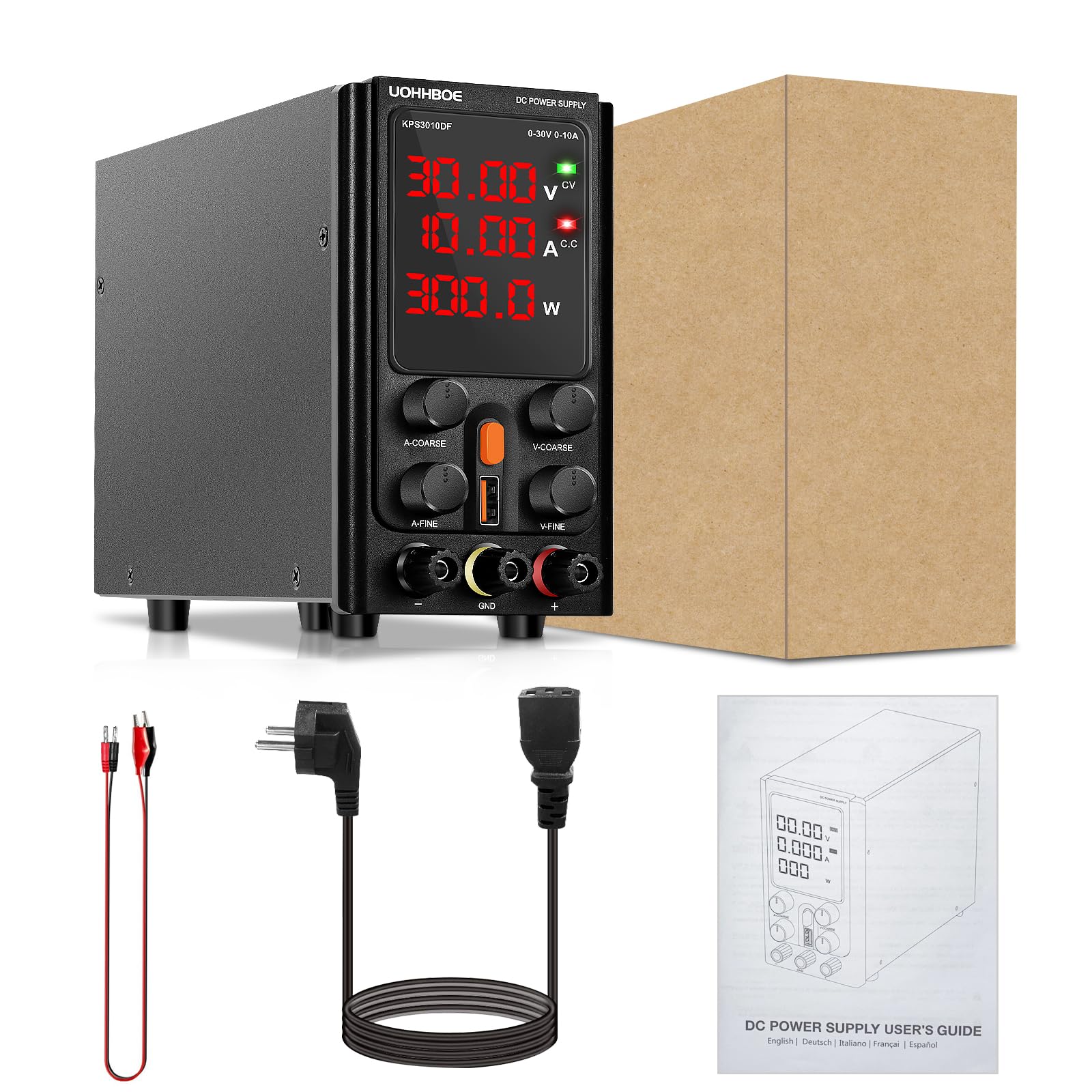 UOHHBOE Alimentation Laboratoire 30V 10A DC Bloc d'alimentation Réglable Stabilise Ajustable à Courant Continu avec Affichage LED à 4 Chiffres Port USB 5V/2A Cordon Crocodile