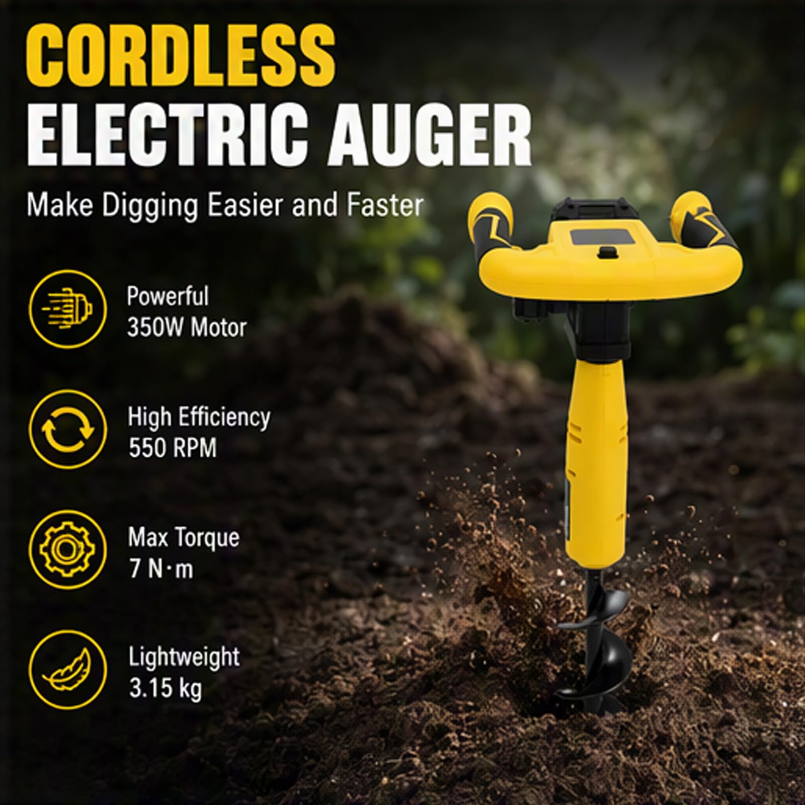 Taladro de tierra eléctrico con batería, 350 W, 550 rpm, con batería de