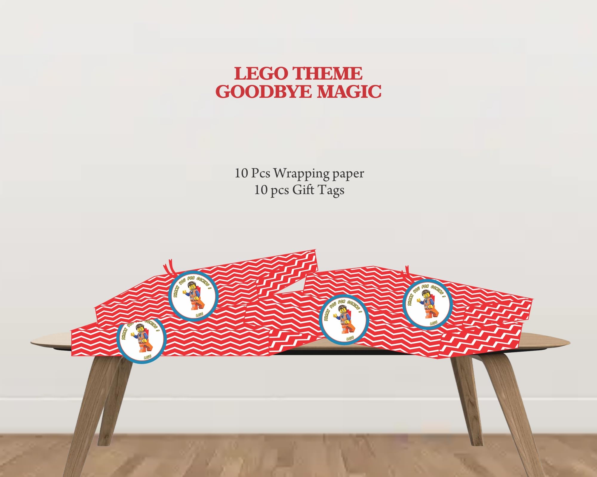 MagicPotli Lego theme wrapping paper and gift tag set for kids Birthday Party (20 Items) - Ready to use