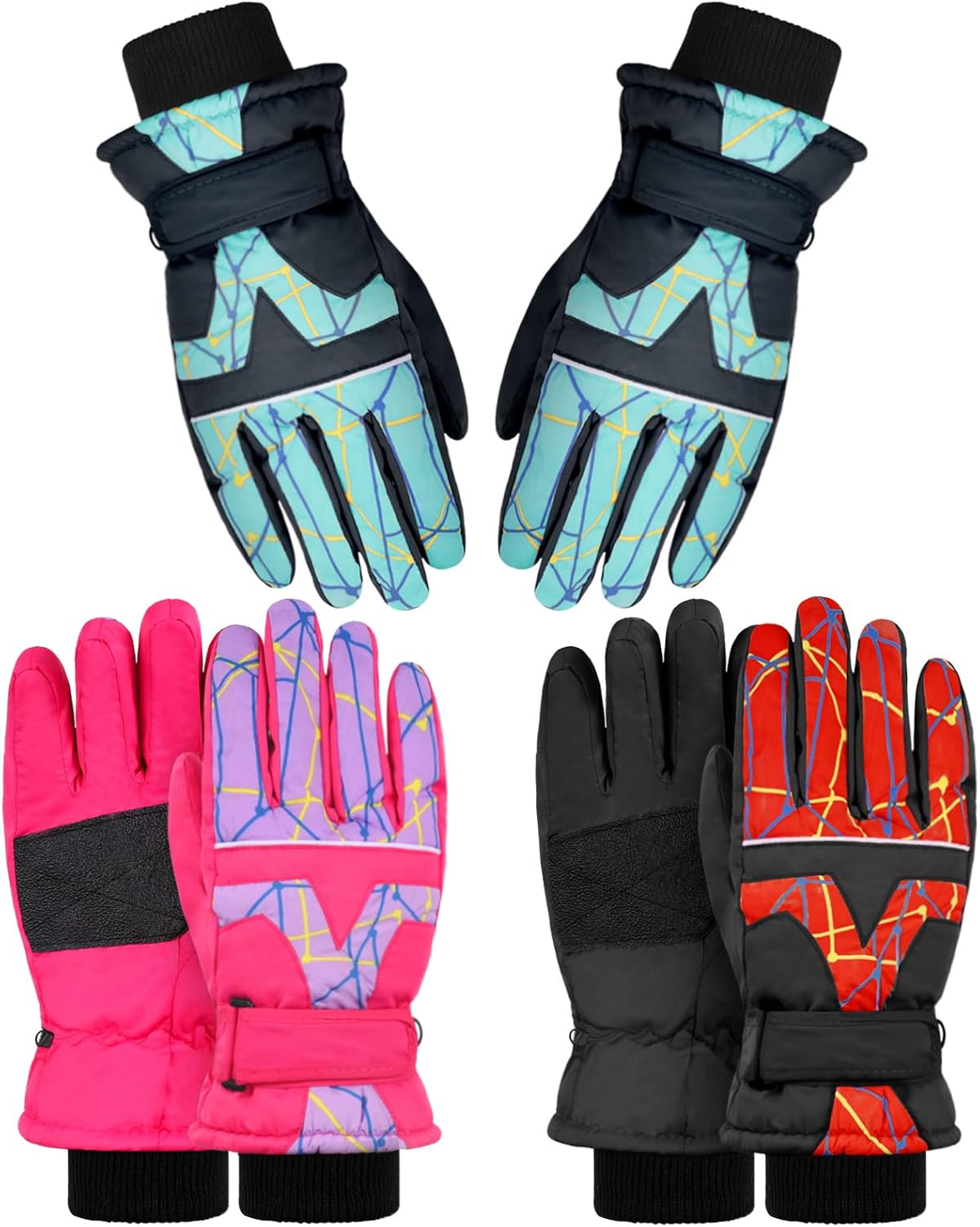 3 Pairs Kids Ski Snow Gloves Winter Waterproof Warm Mitten for Boy Girl Children