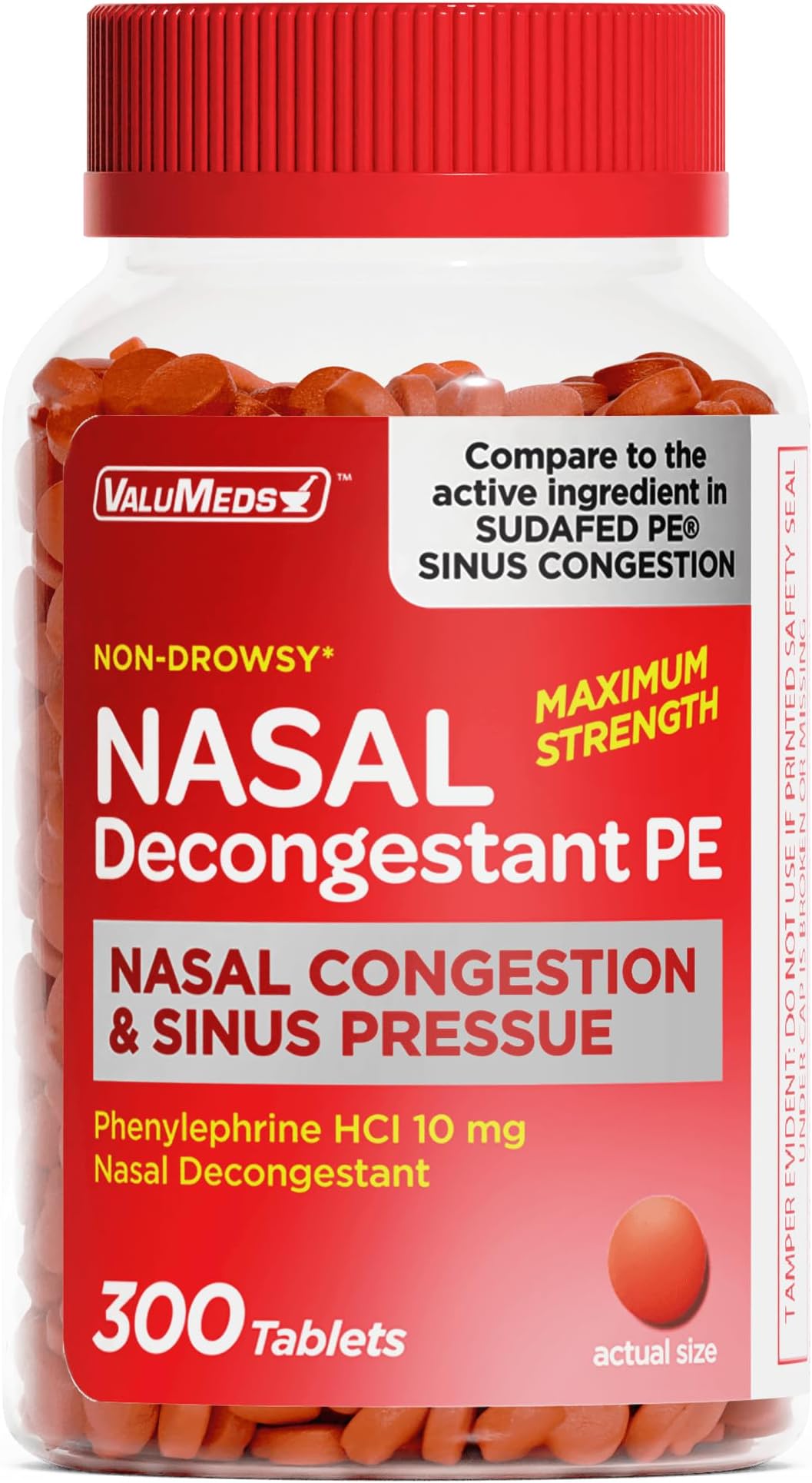 ValuMeds Nasal Decongestant PE Phenylephrine HCl 10mg Tablets (Bulk 300 Count) Non-Drowsy Sinus Pressure Relief & Nasal Congestion Relief, Stuffy Nose Decongestants for Adults | Compare to Sudafed PE