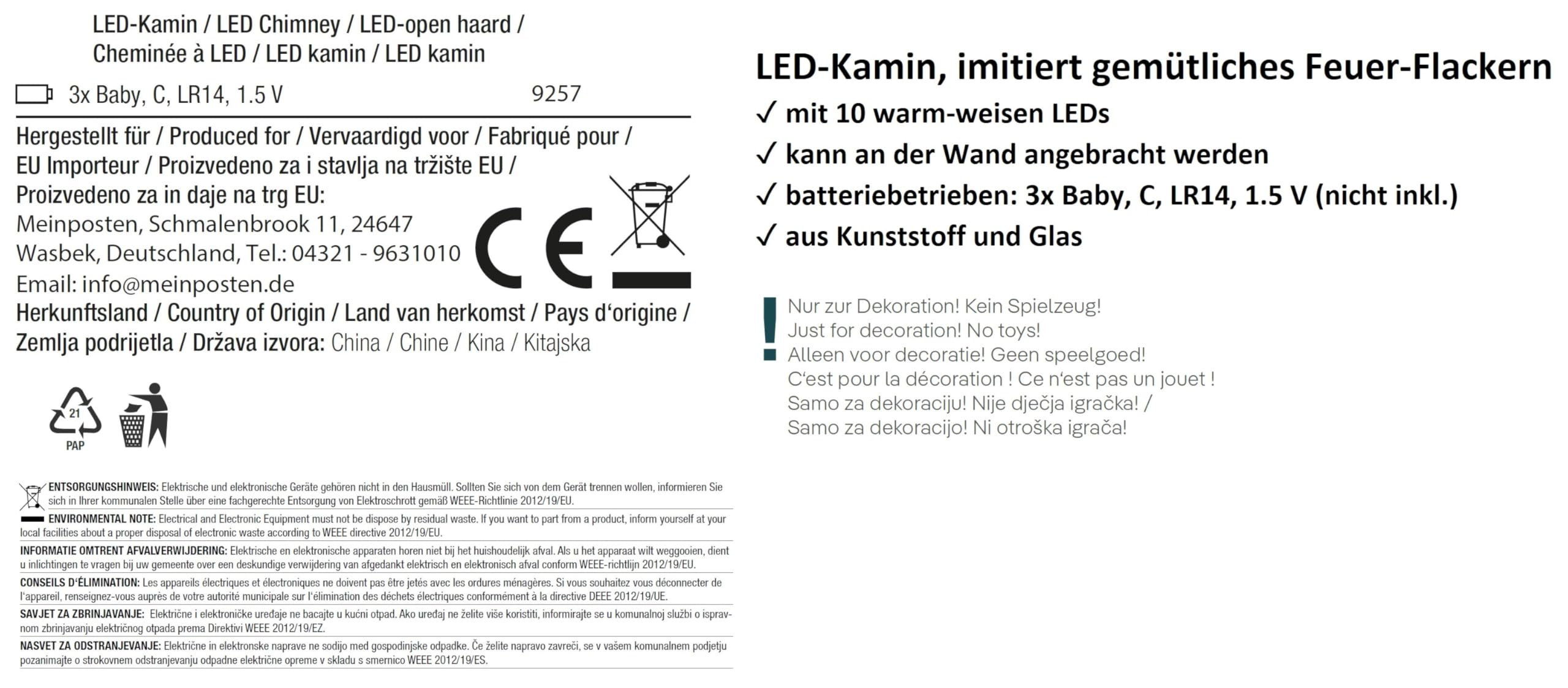 Dekokamin LED Kamin Feuer Elektrokamin Wandkamin Kaminfeuer Batterie 60x20 cm