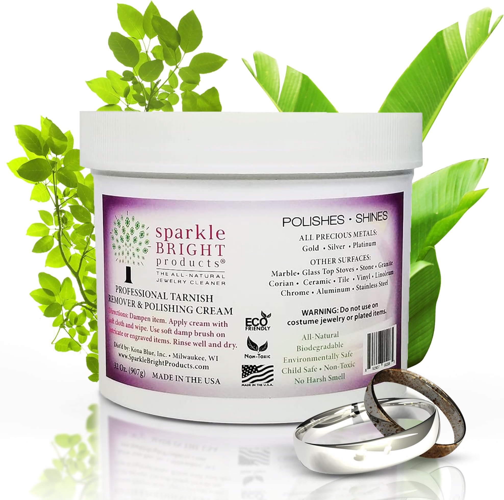Spark Bright Natural Jewellery Cleaner – Remover Wear and Polishing Cream – All the precious metals 32 oz. Jar tan