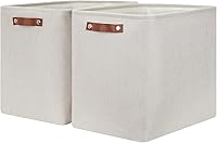 Vista 16 de HNZIGE Cestas de almacenamiento de tela (paquete de 3) – Cestas decorativas plegables con asas de cuero para organizar la ropa