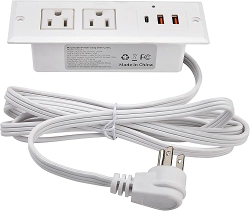 Regleta de alimentación empotrada con puertos USB-C, carga rápida, 2 puertos USB A, con cable de extensión de enchufe plano de 6 pies y 45 grados, 2
